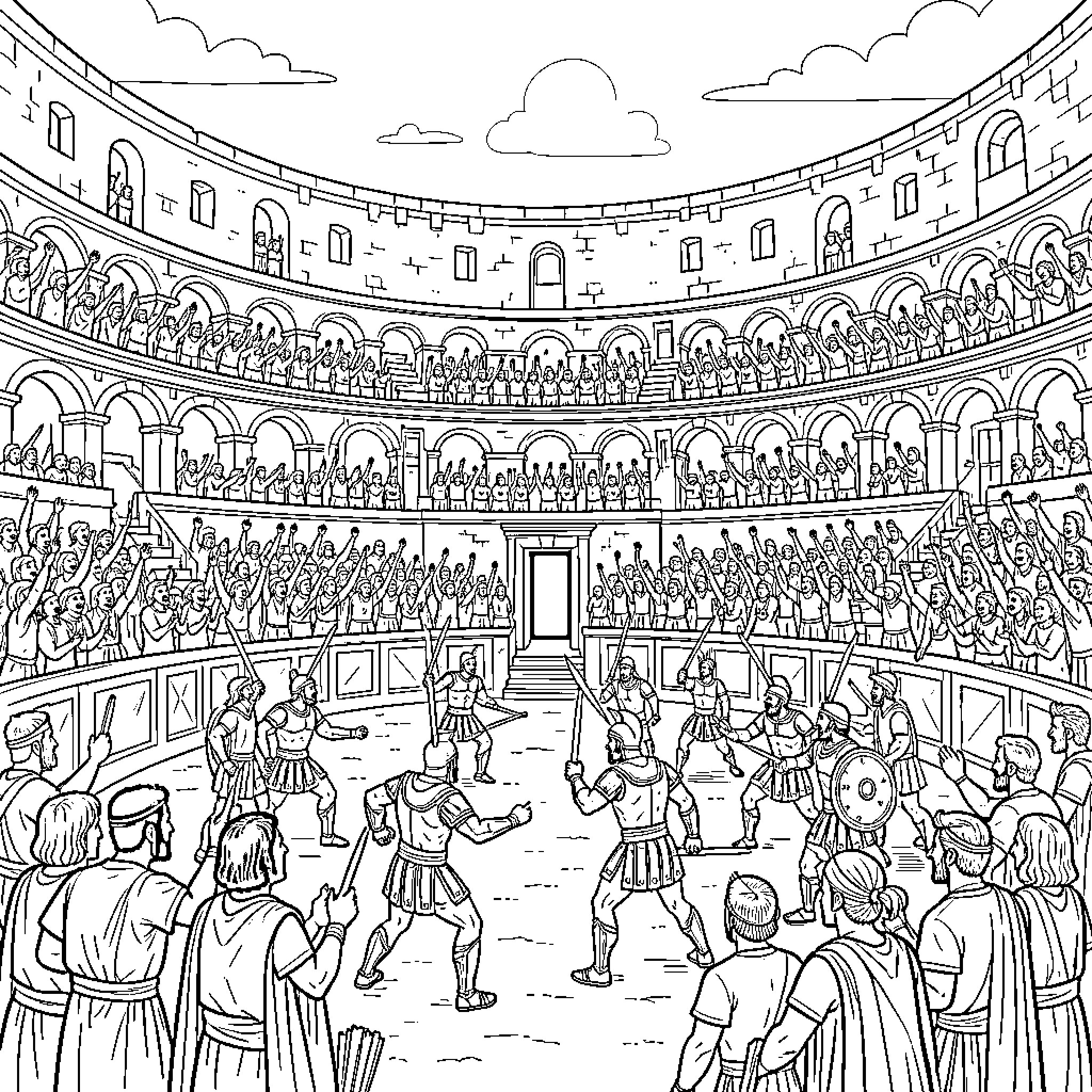 Gladiator fighting in a crowded ancient arena Coloring Page (free black-and-white line drawing printable PDF for all, from beginners to advanced learners, including children, teens, adults, and seniors)