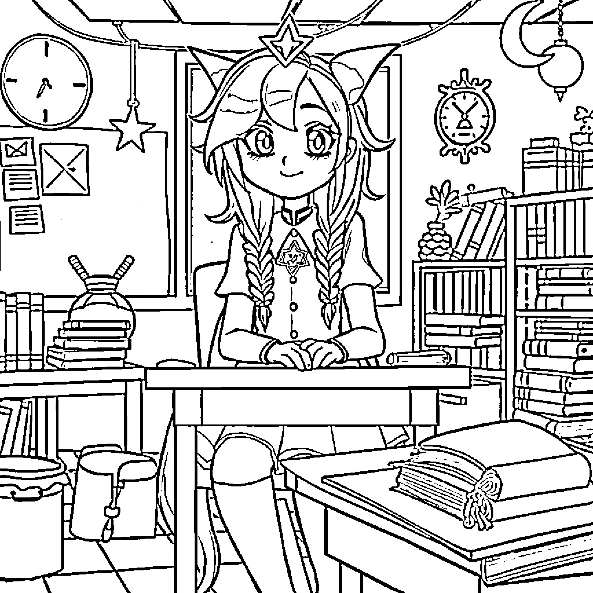 Azul Ashengrotto in her study with books and clocks Coloring Page (free black-and-white line drawing printable PDF for all, from beginners to advanced learners, including children, teens, adults, and seniors)