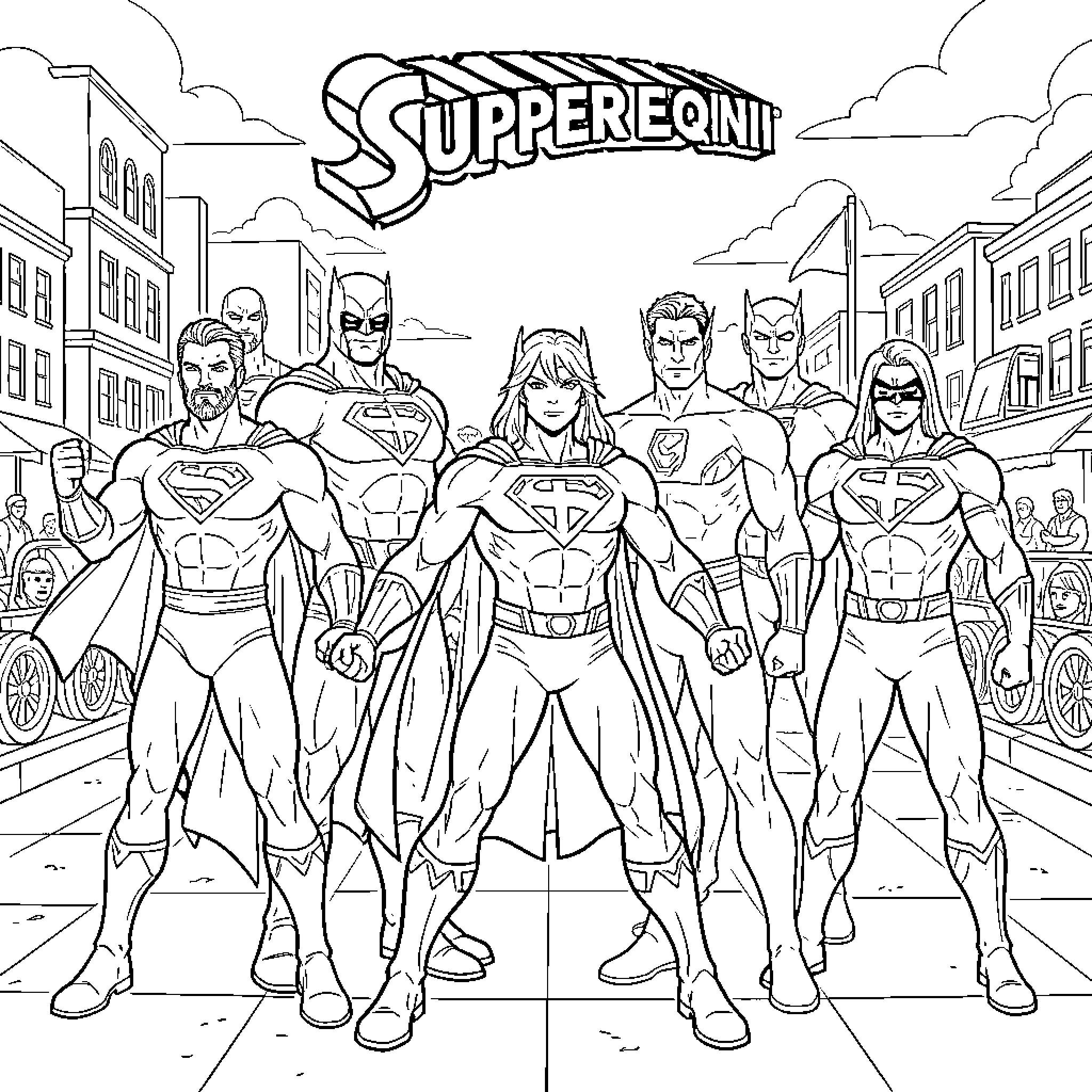 Super Team Heroic Poses in Cityscape Coloring Page (free black-and-white line drawing printable PDF for all, from beginners to advanced learners, including children, teens, adults, and seniors)