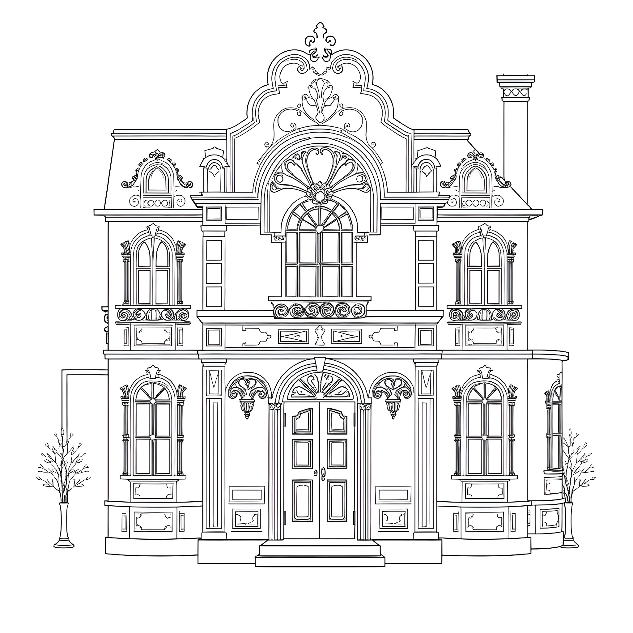 Dollhouse with intricate architectural details Coloring Page (free black-and-white line drawing printable PDF for all, from beginners to advanced learners, including children, teens, adults, and seniors)