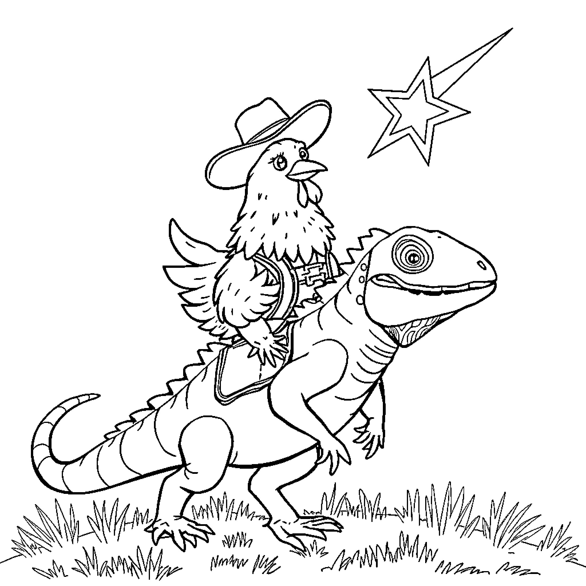 Chicken riding a lizard under a shining star Coloring Page (free black-and-white line drawing printable PDF for all, from beginners to advanced learners, including children, teens, adults, and seniors)