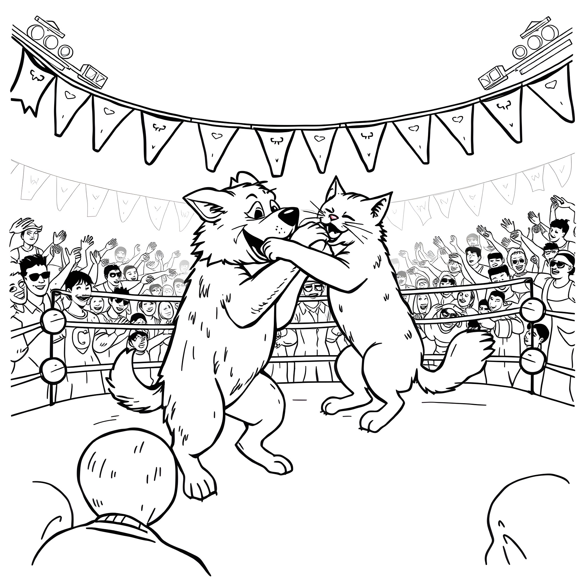 Dog performers entertaining the crowd at a carnival Coloring Page (free black-and-white line drawing printable PDF for all, from beginners to advanced learners, including children, teens, adults, and seniors)