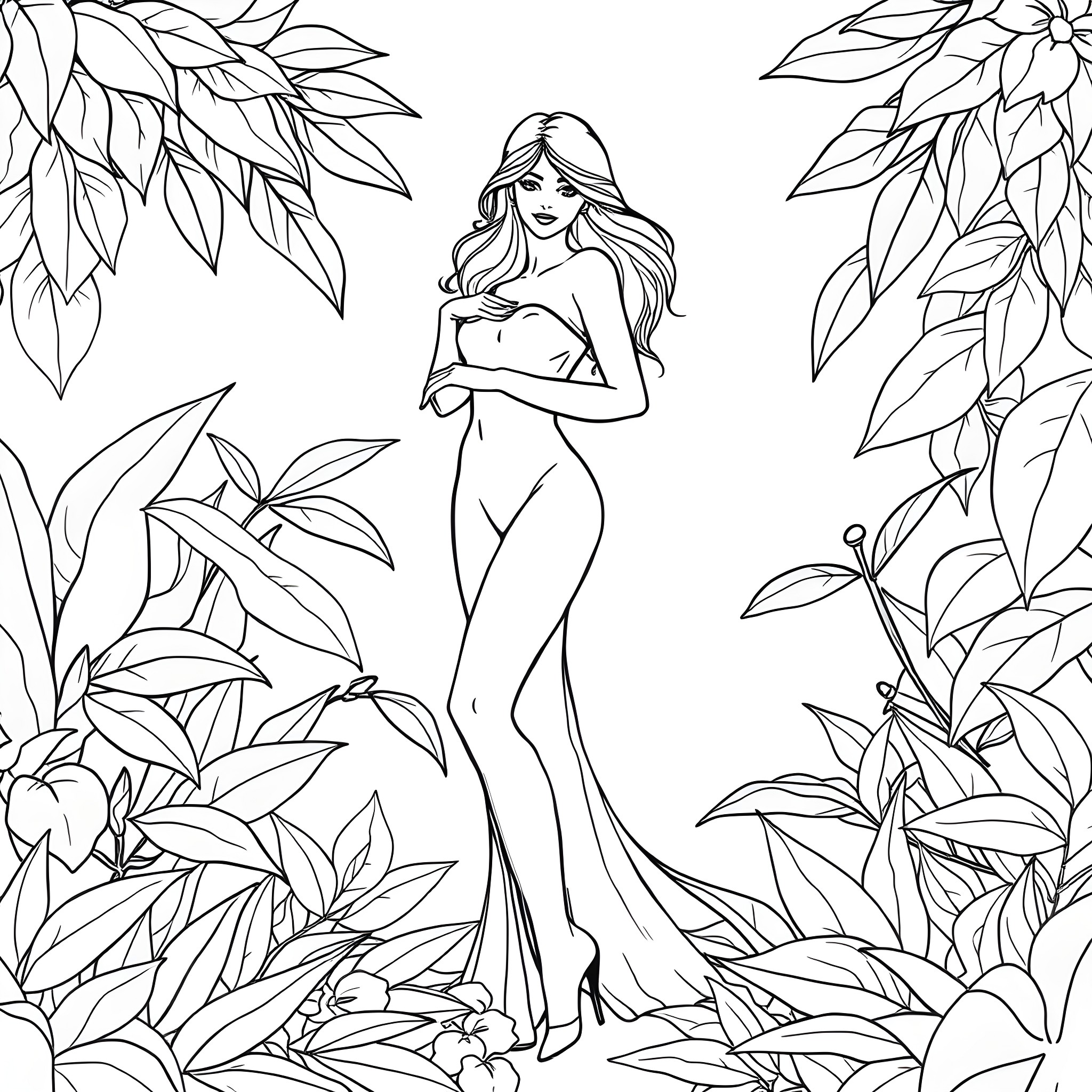 Lady in a floral garden Coloring Page (free black-and-white line drawing printable PDF for all, from beginners to advanced learners, including children, teens, adults, and seniors)