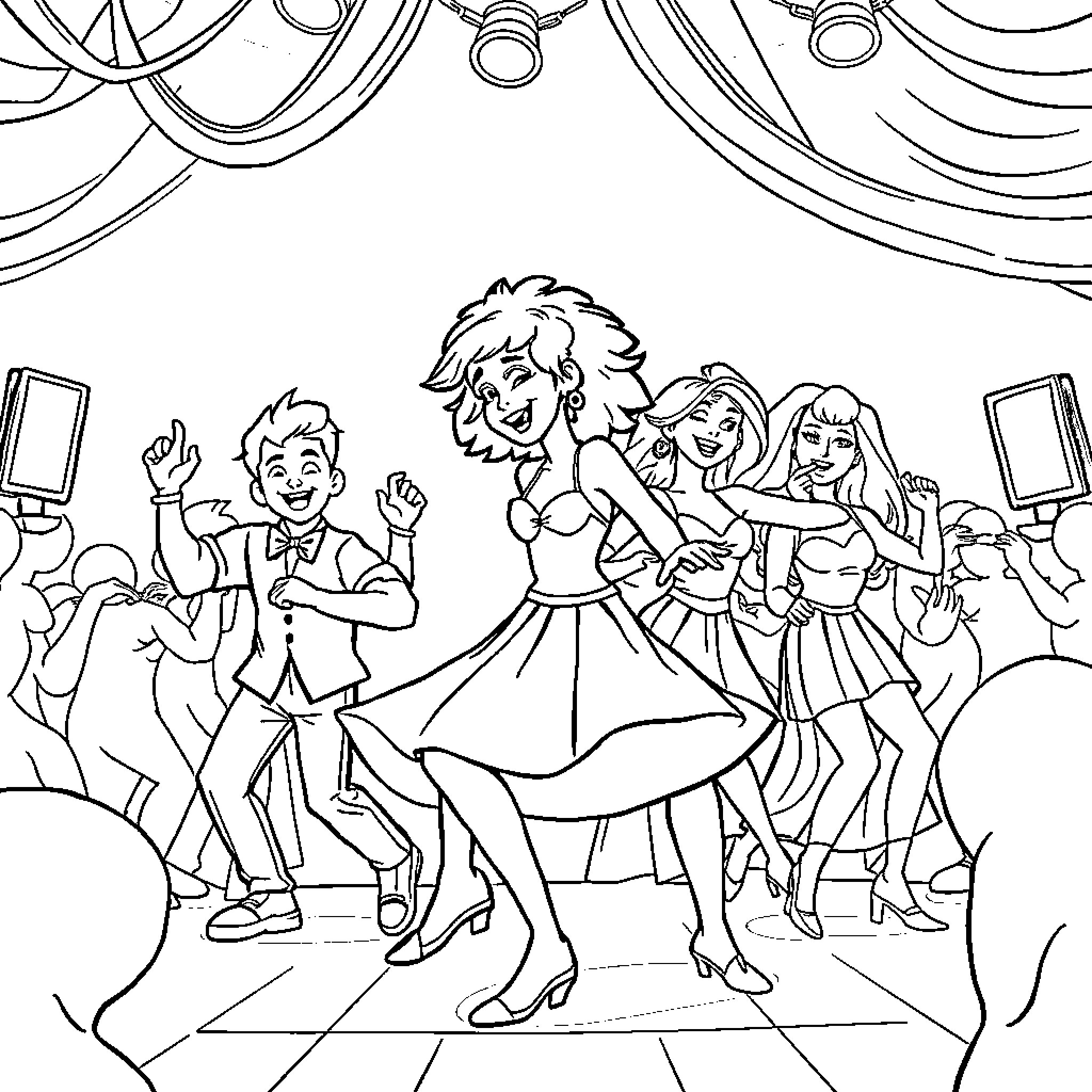 Huntrix Characters Enjoying a Lively Stage Performance Coloring Page (free black-and-white line drawing printable PDF for all, from beginners to advanced learners, including children, teens, adults, and seniors)