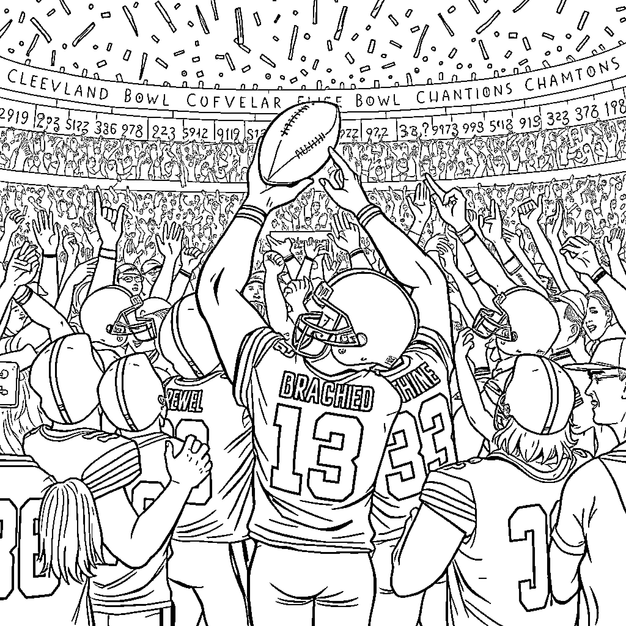 Cleveland Browns Fans Celebrating Championship Victory Coloring Page (free black-and-white line drawing printable PDF for all, from beginners to advanced learners, including children, teens, adults, and seniors)