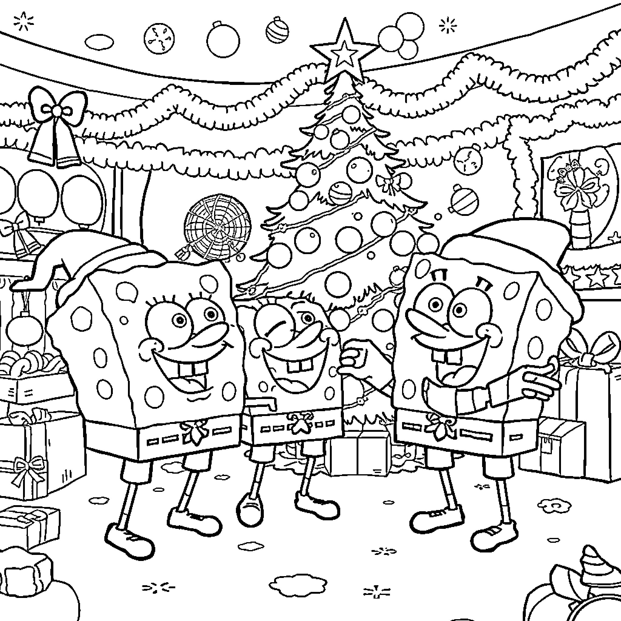 Spongebob and friends celebrate Christmas in Bikini Bottom Coloring Page (free black-and-white line drawing printable PDF for all, from beginners to advanced learners, including children, teens, adults, and seniors)