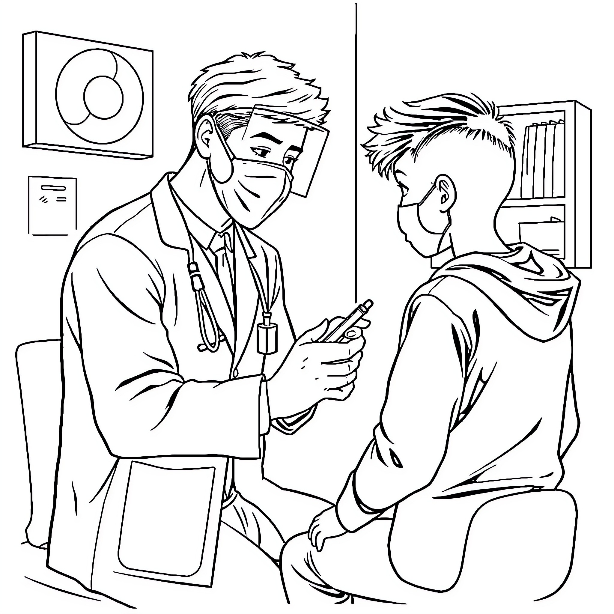 Doctor Examining Patient in Examination Room Coloring Page (free black-and-white line drawing printable PDF for all, from beginners to advanced learners, including children, teens, adults, and seniors)
