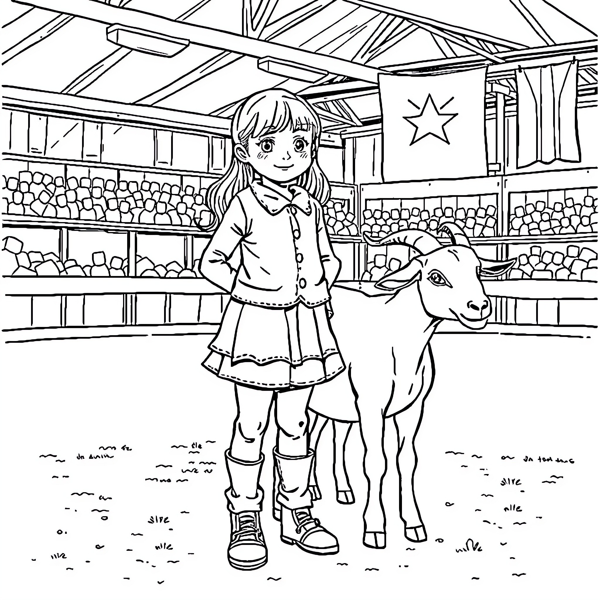 Girl with pet goat in rural setting Coloring Page (free black-and-white line drawing printable PDF for all, from beginners to advanced learners, including children, teens, adults, and seniors)