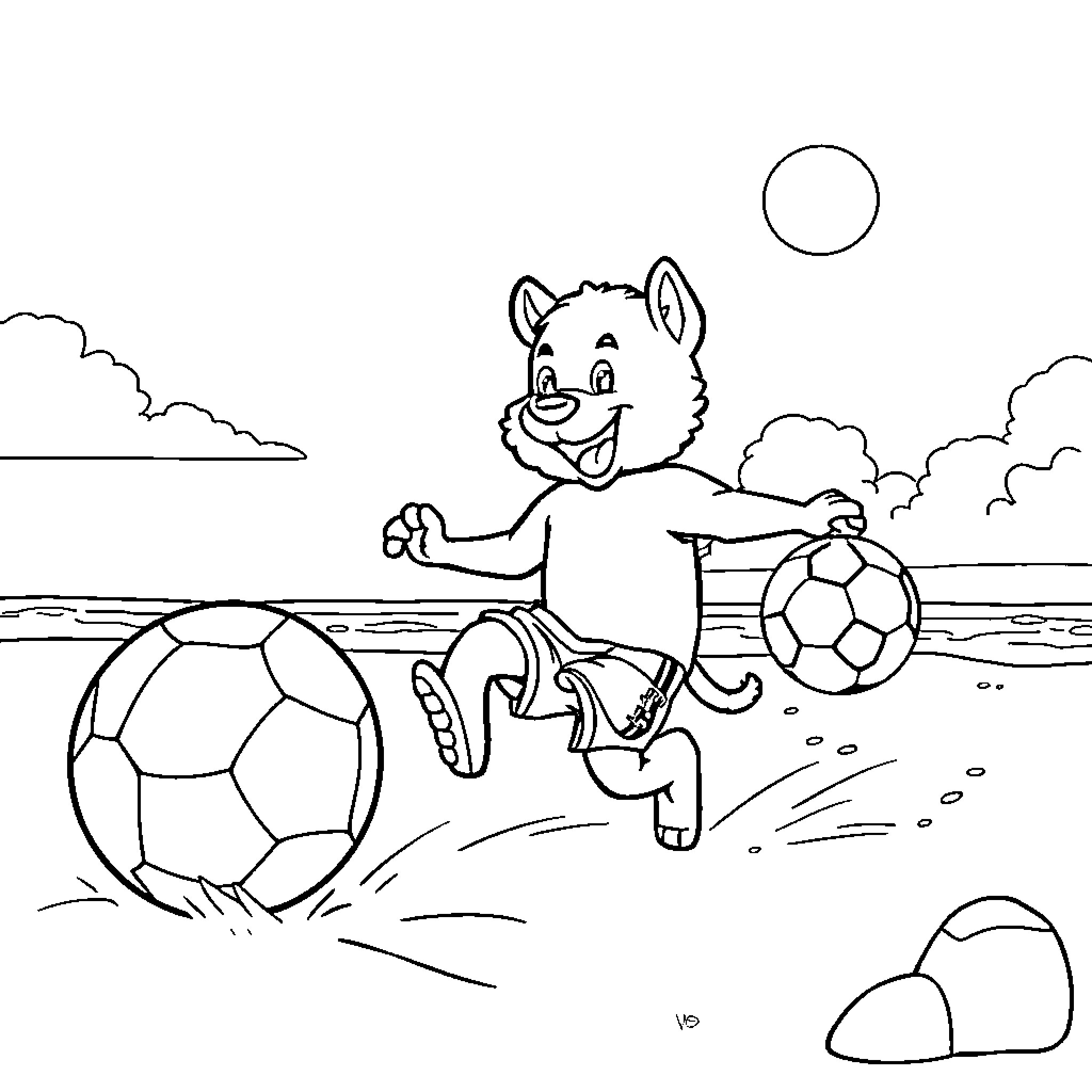 Labubu playing joyfully with soccer balls on the beach Coloring Page (free black-and-white line drawing printable PDF for all, from beginners to advanced learners, including children, teens, adults, and seniors)