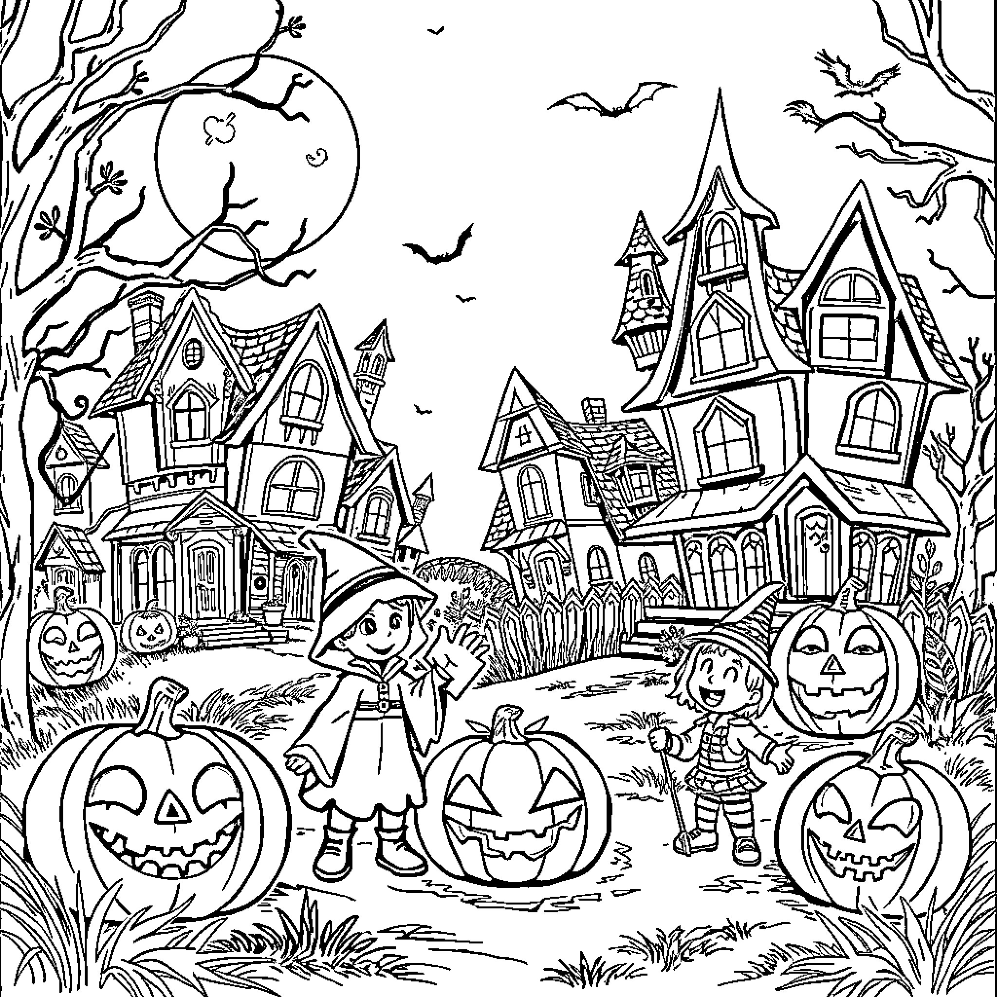 Halloween scene with haunted houses, pumpkins, and children Coloring Page (free black-and-white line drawing printable PDF for all, from beginners to advanced learners, including children, teens, adults, and seniors)