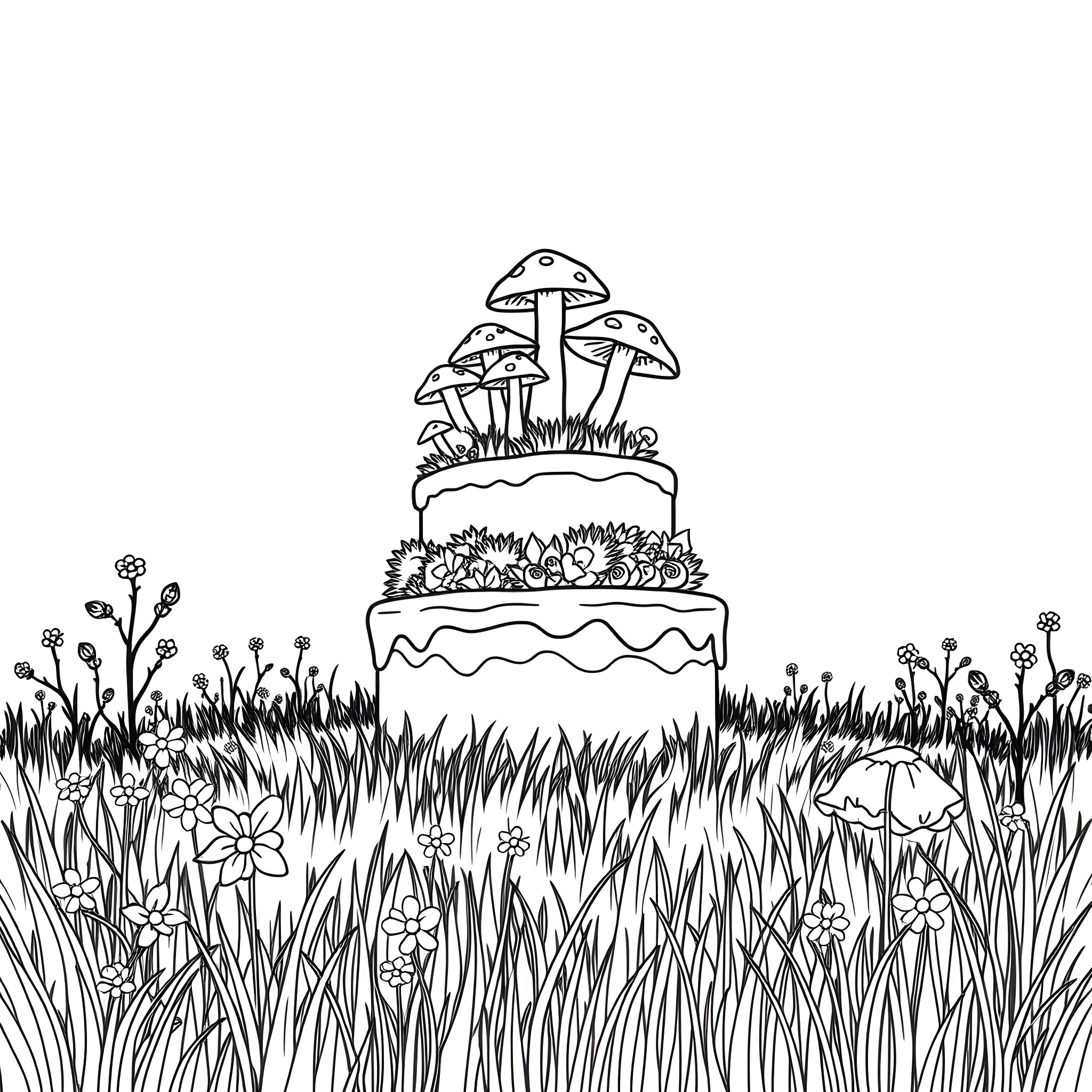 Cake Adorned with Mushrooms in a Lush Garden Coloring Page (free black-and-white line drawing printable PDF for all, from beginners to advanced learners, including children, teens, adults, and seniors)