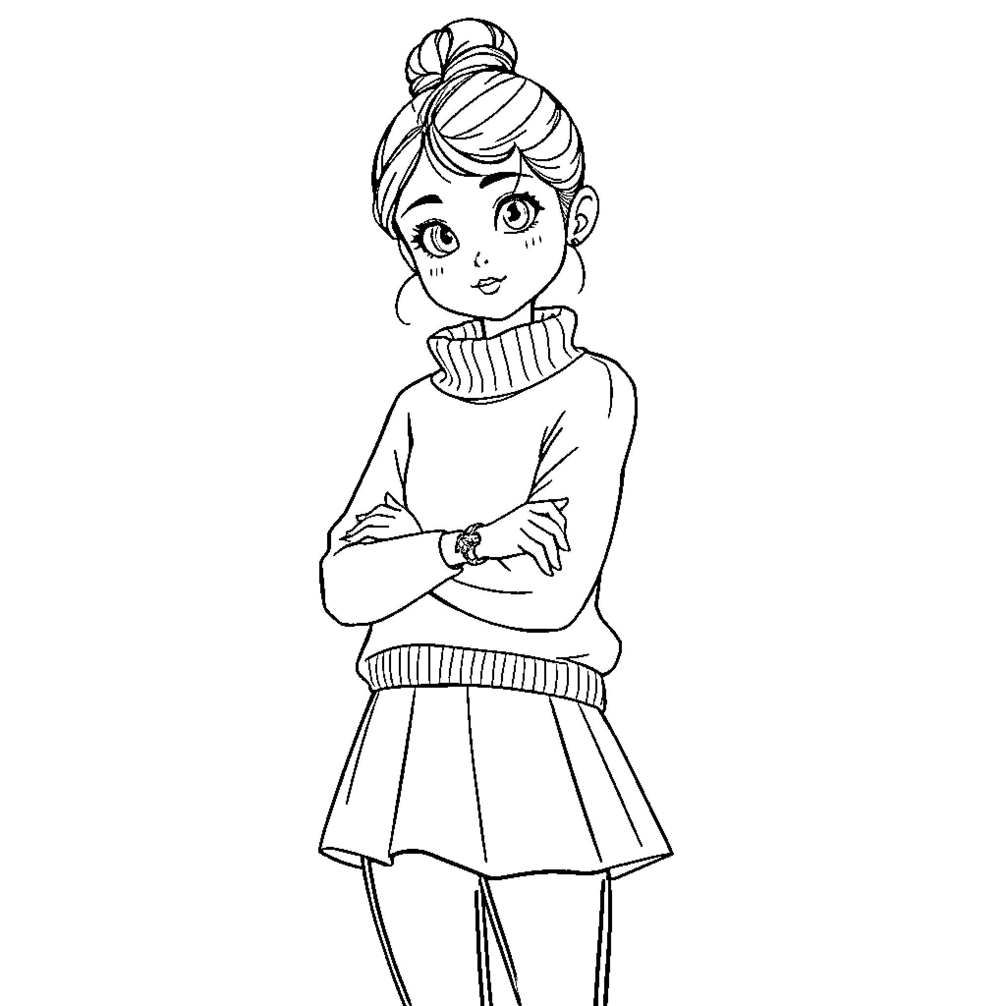 Fille standing with arms crossed in winter outfit Coloring Page (free black-and-white line drawing printable PDF for all, from beginners to advanced learners, including children, teens, adults, and seniors)