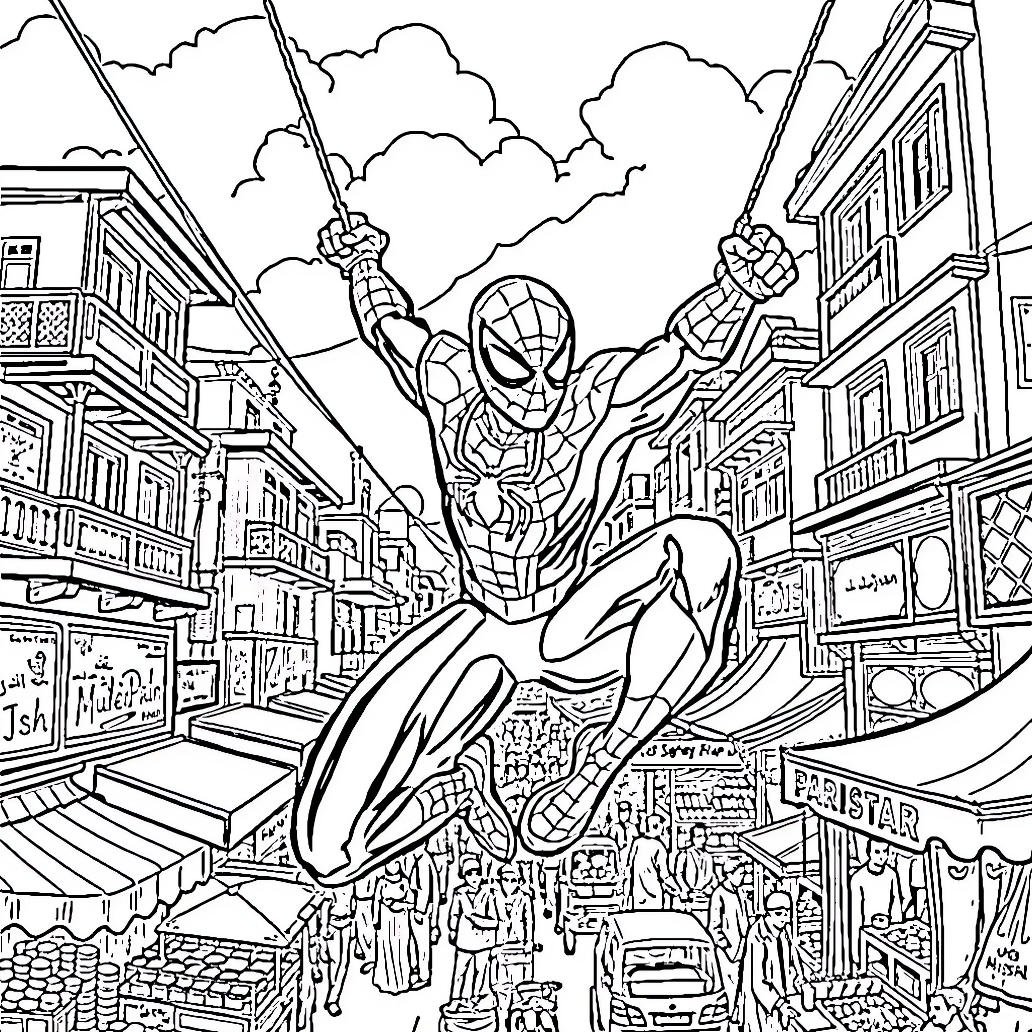 Spiderman swinging through the city streets Coloring Page (free black-and-white line drawing printable PDF for all, from beginners to advanced learners, including children, teens, adults, and seniors)