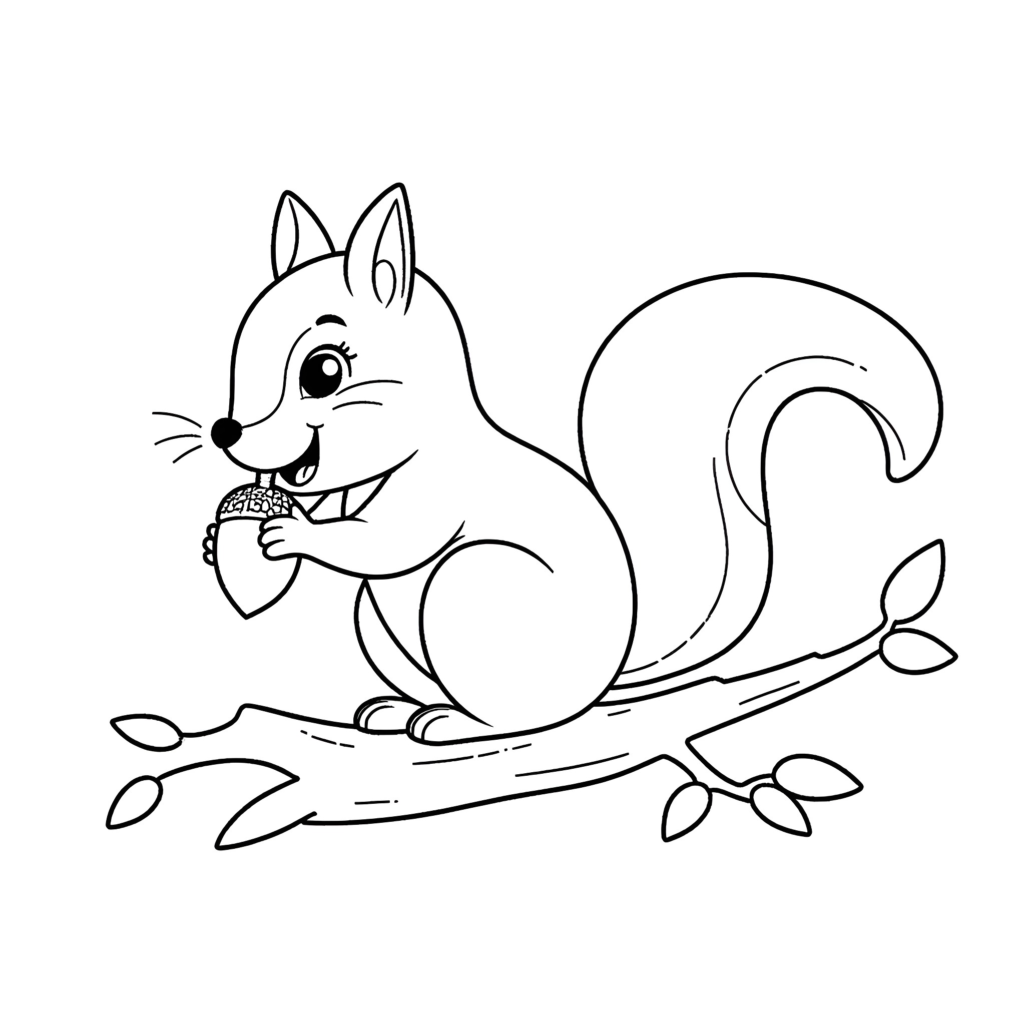 Squirrel happily holding a nut on a tree branch Coloring Page (free black-and-white line drawing printable PDF for all, from beginners to advanced learners, including children, teens, adults, and seniors)