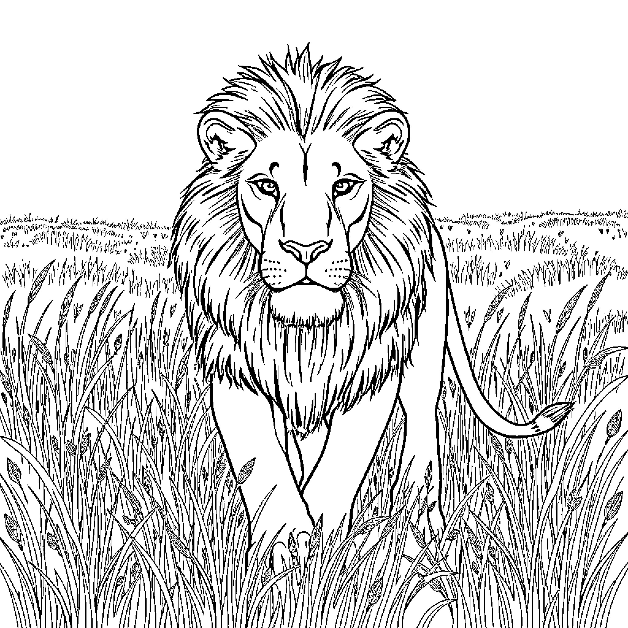 Lion standing majestically in the wild grassland Coloring Page (free black-and-white line drawing printable PDF for all, from beginners to advanced learners, including children, teens, adults, and seniors)
