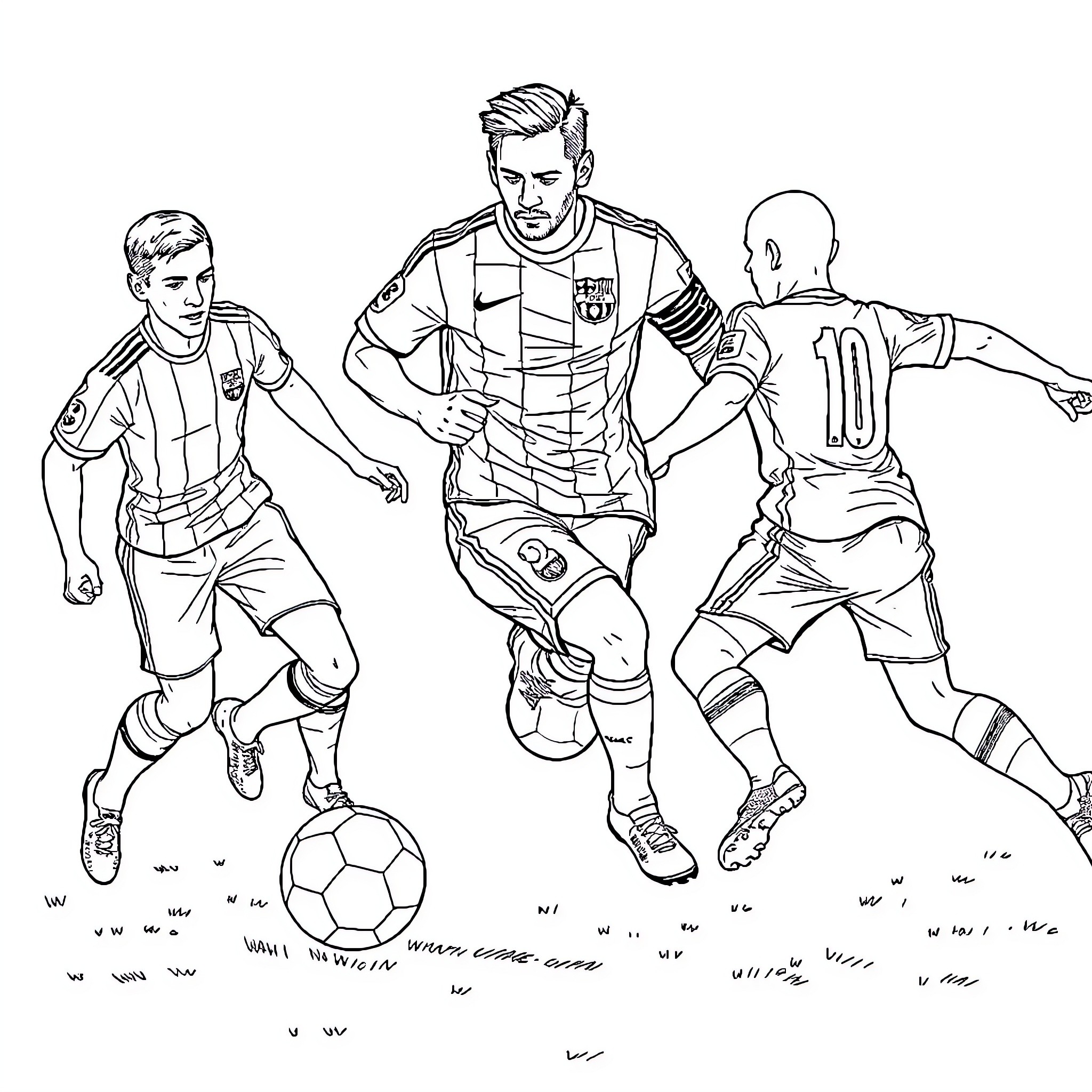 Messi leading the charge on the soccer field Coloring Page (free black-and-white line drawing printable PDF for all, from beginners to advanced learners, including children, teens, adults, and seniors)