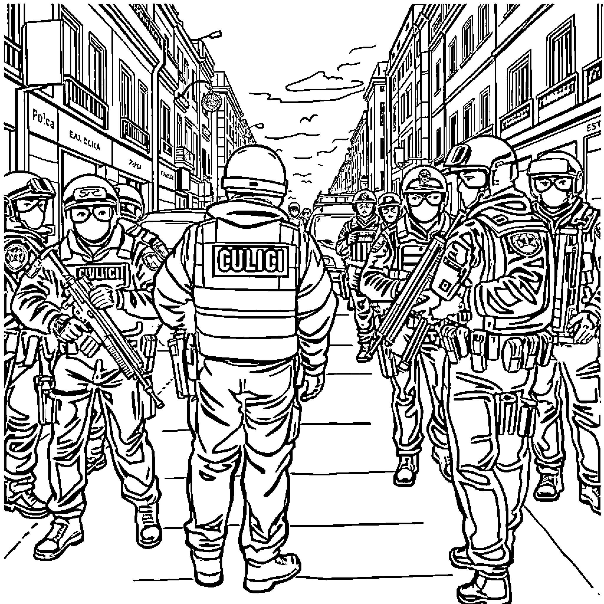 Guardia Civil: Tactical Team Deployment on City Street Coloring Page (free black-and-white line drawing printable PDF for all, from beginners to advanced learners, including children, teens, adults, and seniors)