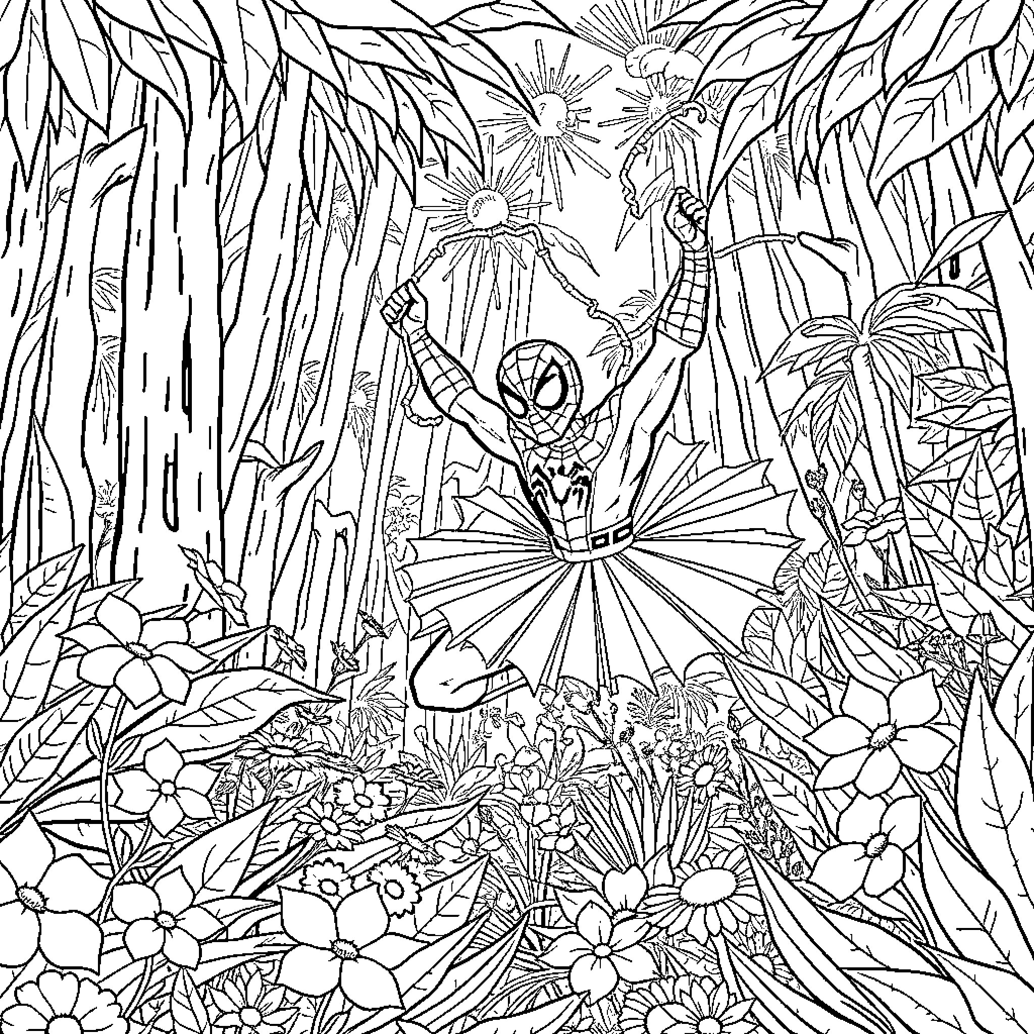 Spiderman swinging through a lush tropical jungle Coloring Page (free black-and-white line drawing printable PDF for all, from beginners to advanced learners, including children, teens, adults, and seniors)