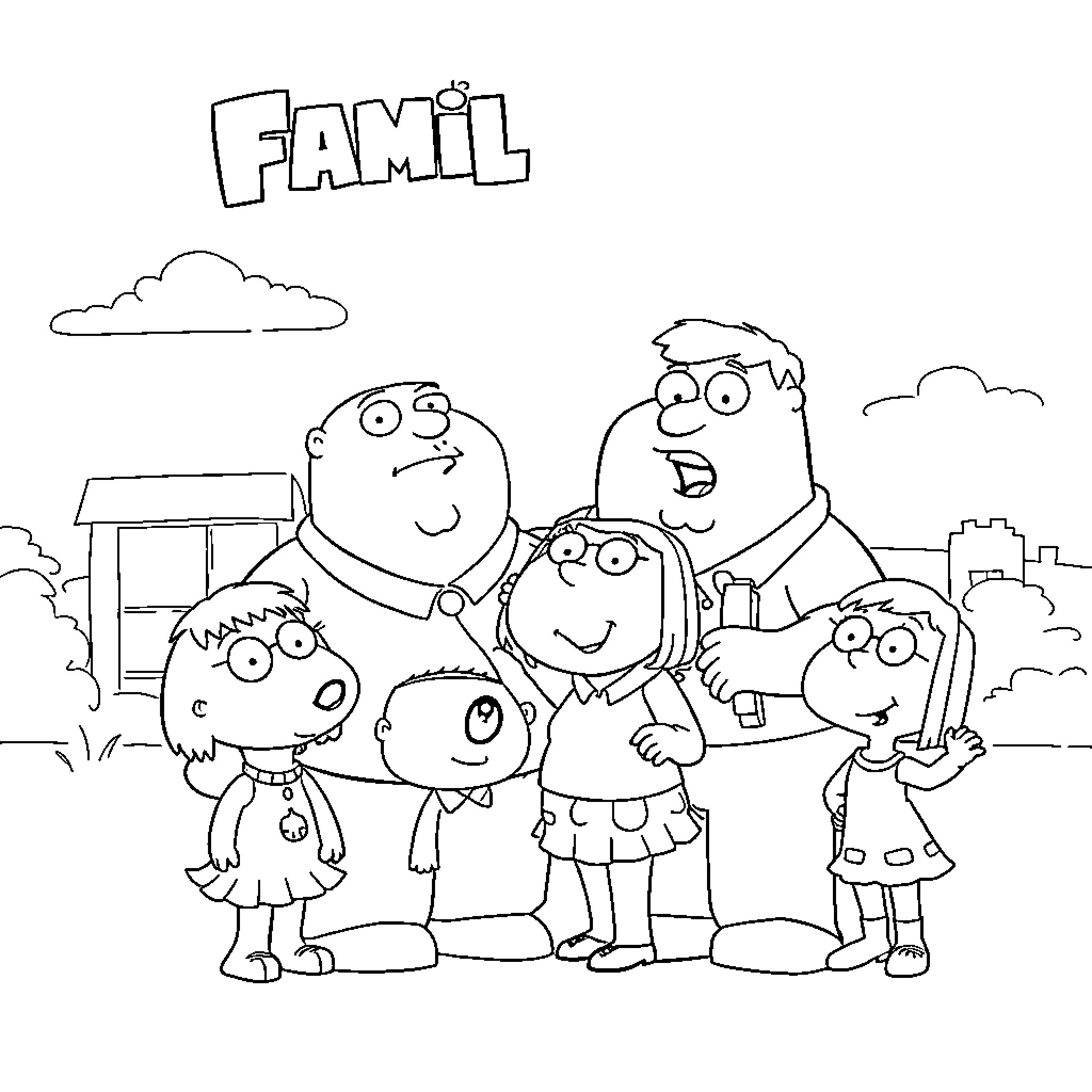 Family Guy Cartoon Characters Gathered Together Coloring Page (free black-and-white line drawing printable PDF for all, from beginners to advanced learners, including children, teens, adults, and seniors)
