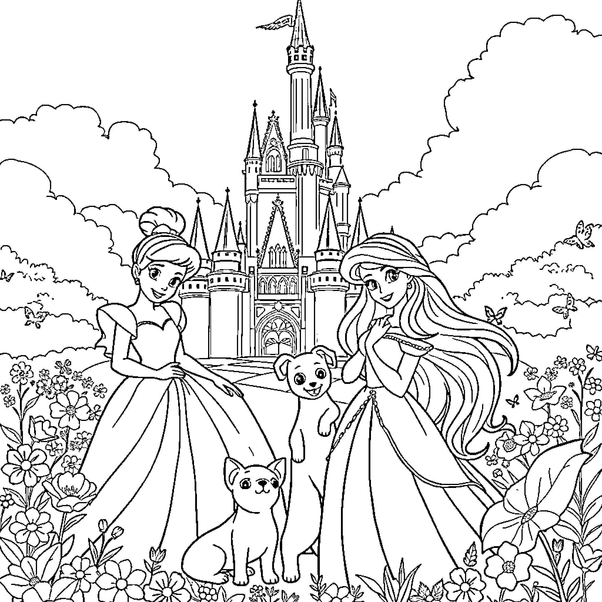 Princess Enjoying a Magical Castle Adventure Coloring Page (free black-and-white line drawing printable PDF for all, from beginners to advanced learners, including children, teens, adults, and seniors)