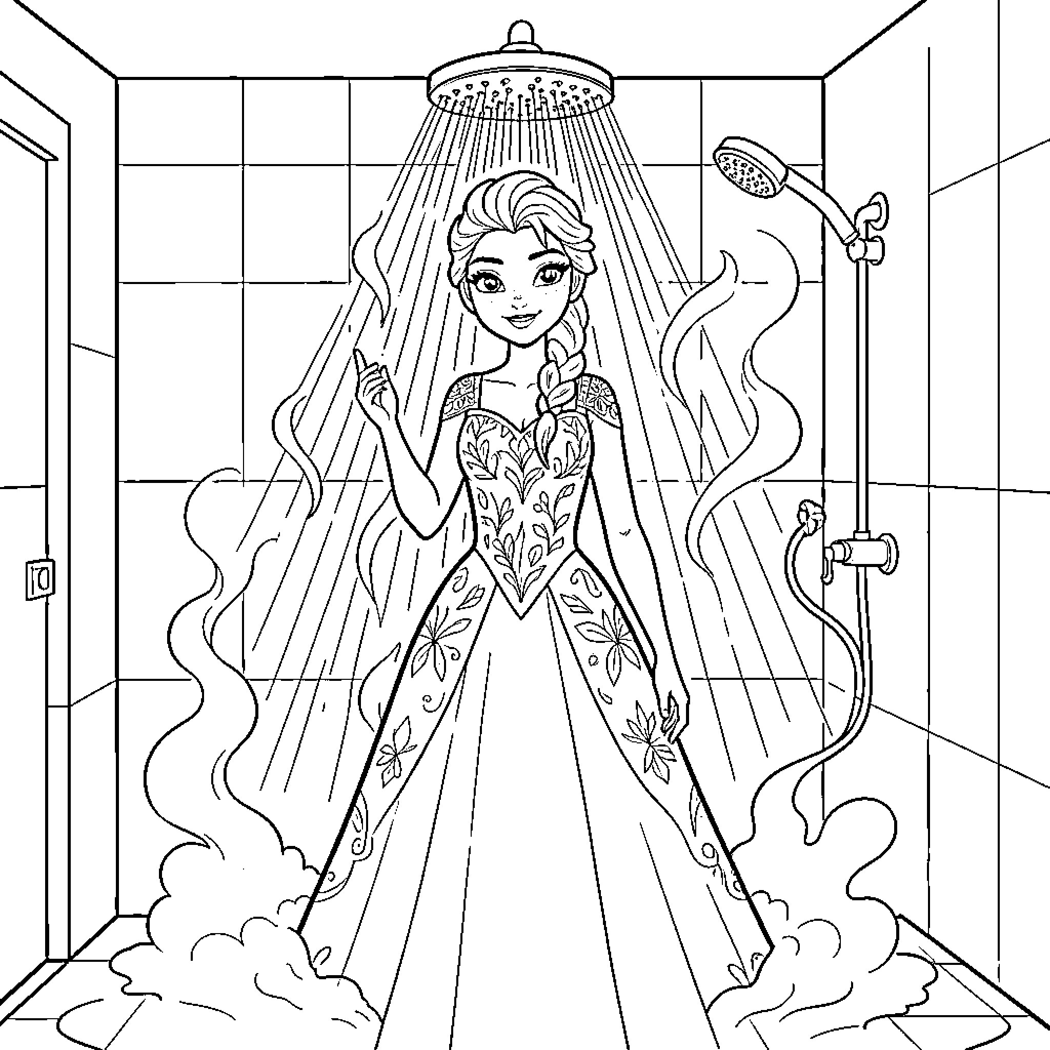 Elsa Enjoying a Relaxing Shower Coloring Page (free black-and-white line drawing printable PDF for all, from beginners to advanced learners, including children, teens, adults, and seniors)