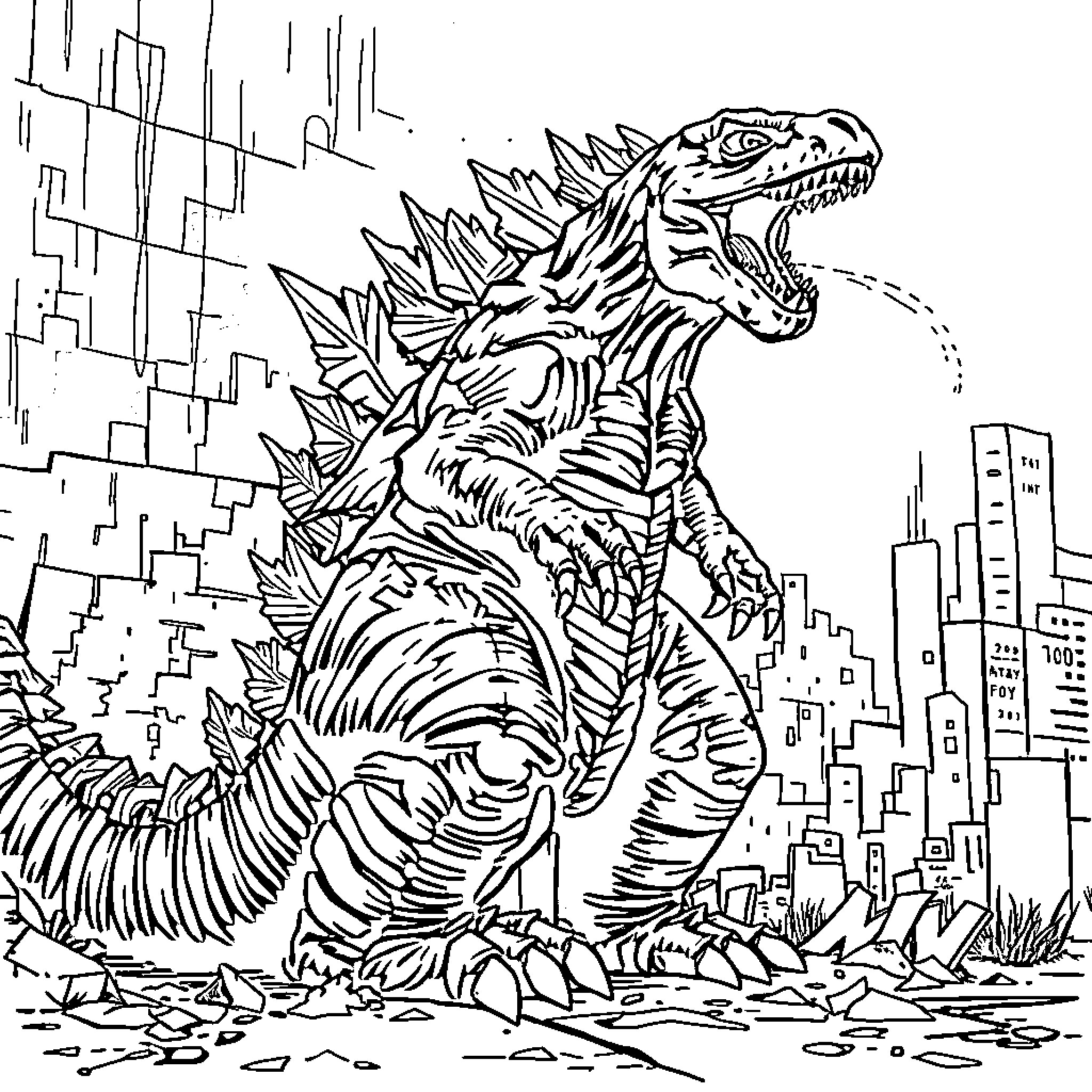 Godzilla Stomping Through the City Coloring Page (free black-and-white line drawing printable PDF for all, from beginners to advanced learners, including children, teens, adults, and seniors)