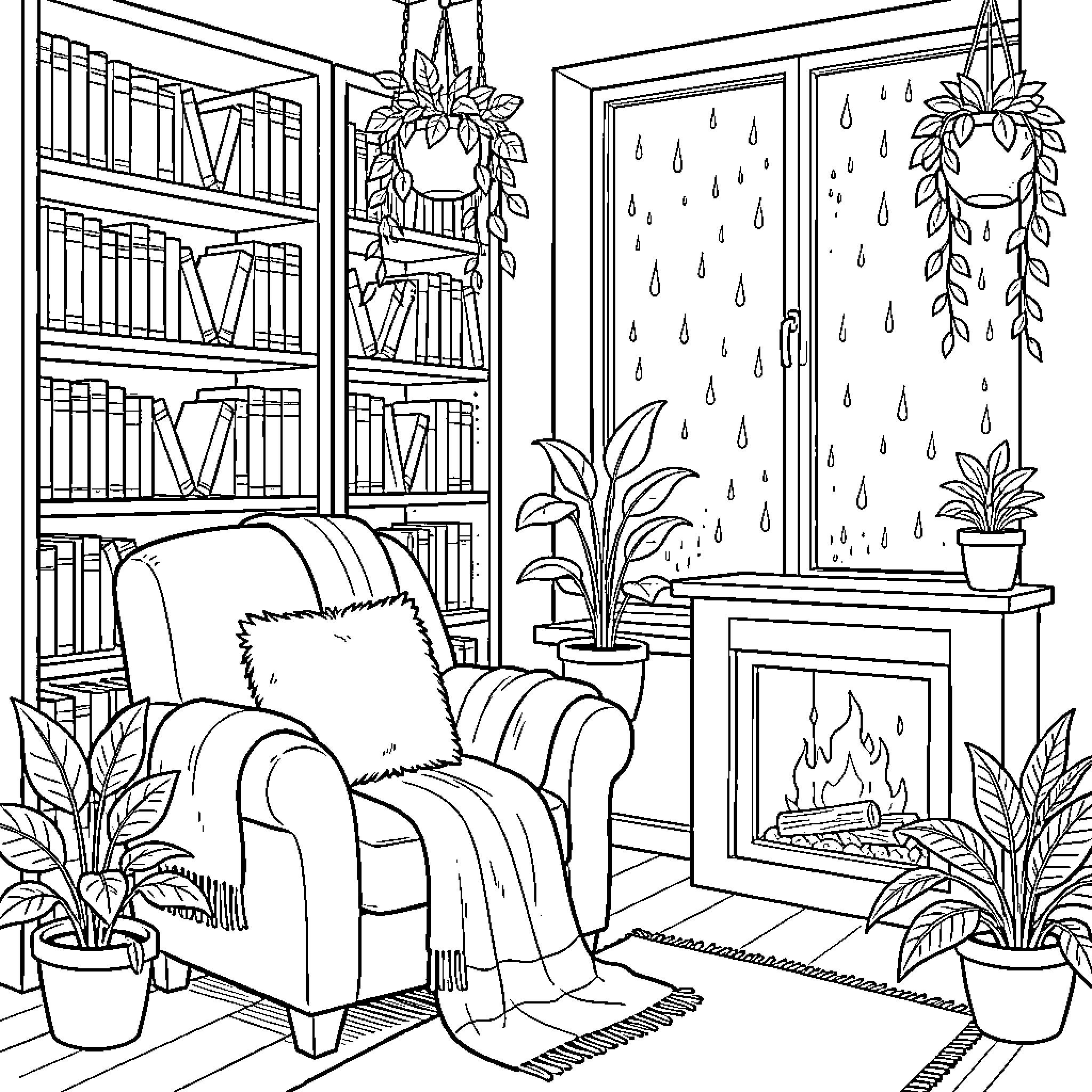 Reading Nook in Cozy Home Interior Coloring Page (free black-and-white line drawing printable PDF for all, from beginners to advanced learners, including children, teens, adults, and seniors)