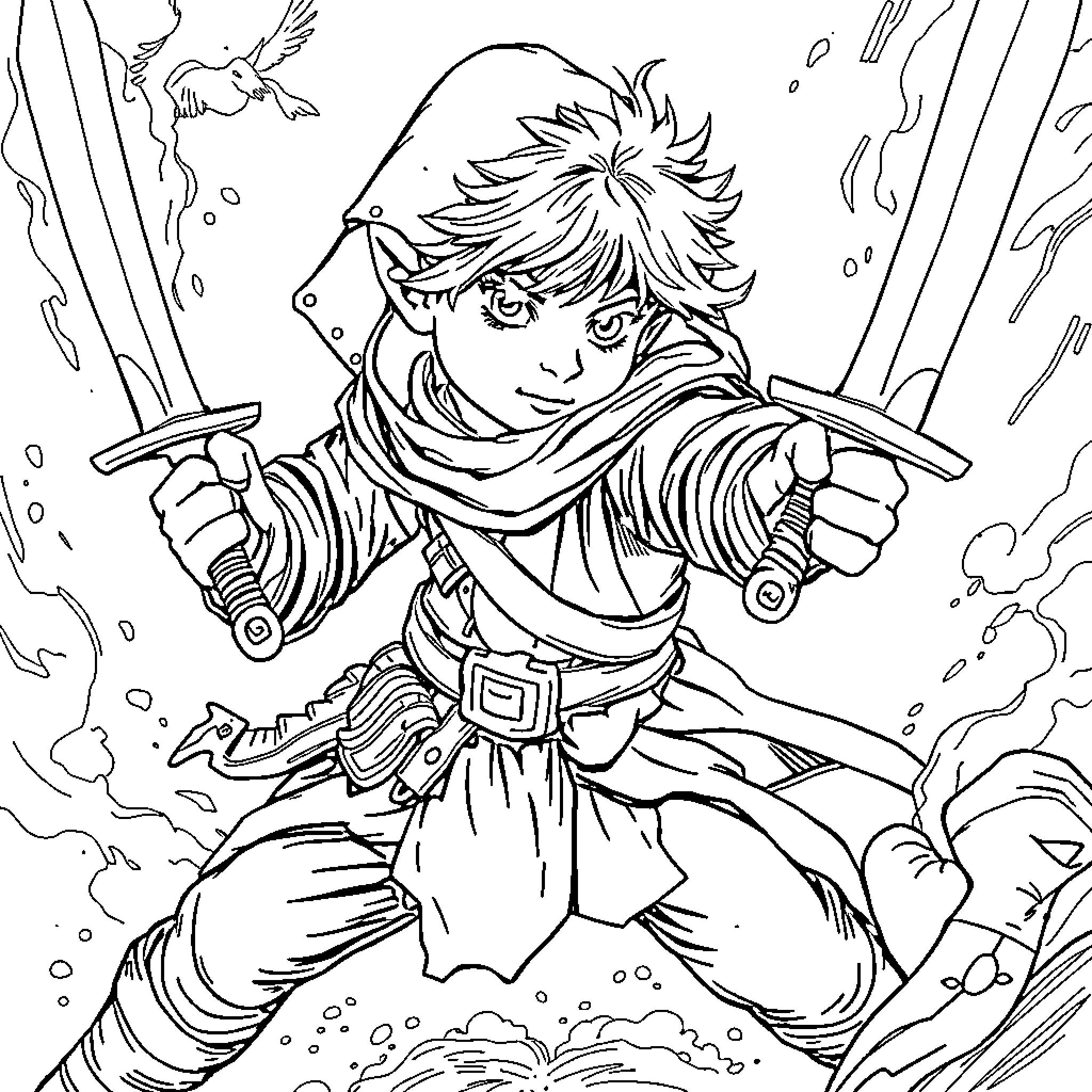 Halfling warrior's heroic battle amidst chaos Coloring Page (free black-and-white line drawing printable PDF for all, from beginners to advanced learners, including children, teens, adults, and seniors)