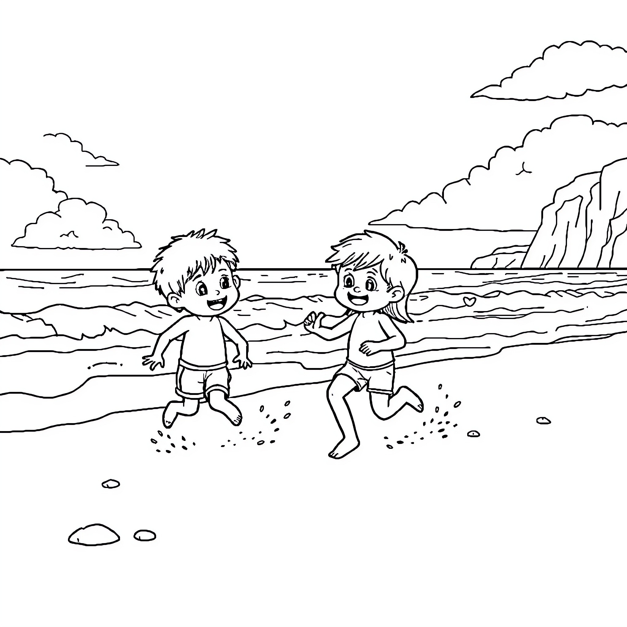 Niños jugando alegremente en la playa Coloring Page (free black-and-white line drawing printable PDF for all, from beginners to advanced learners, including children, teens, adults, and seniors)