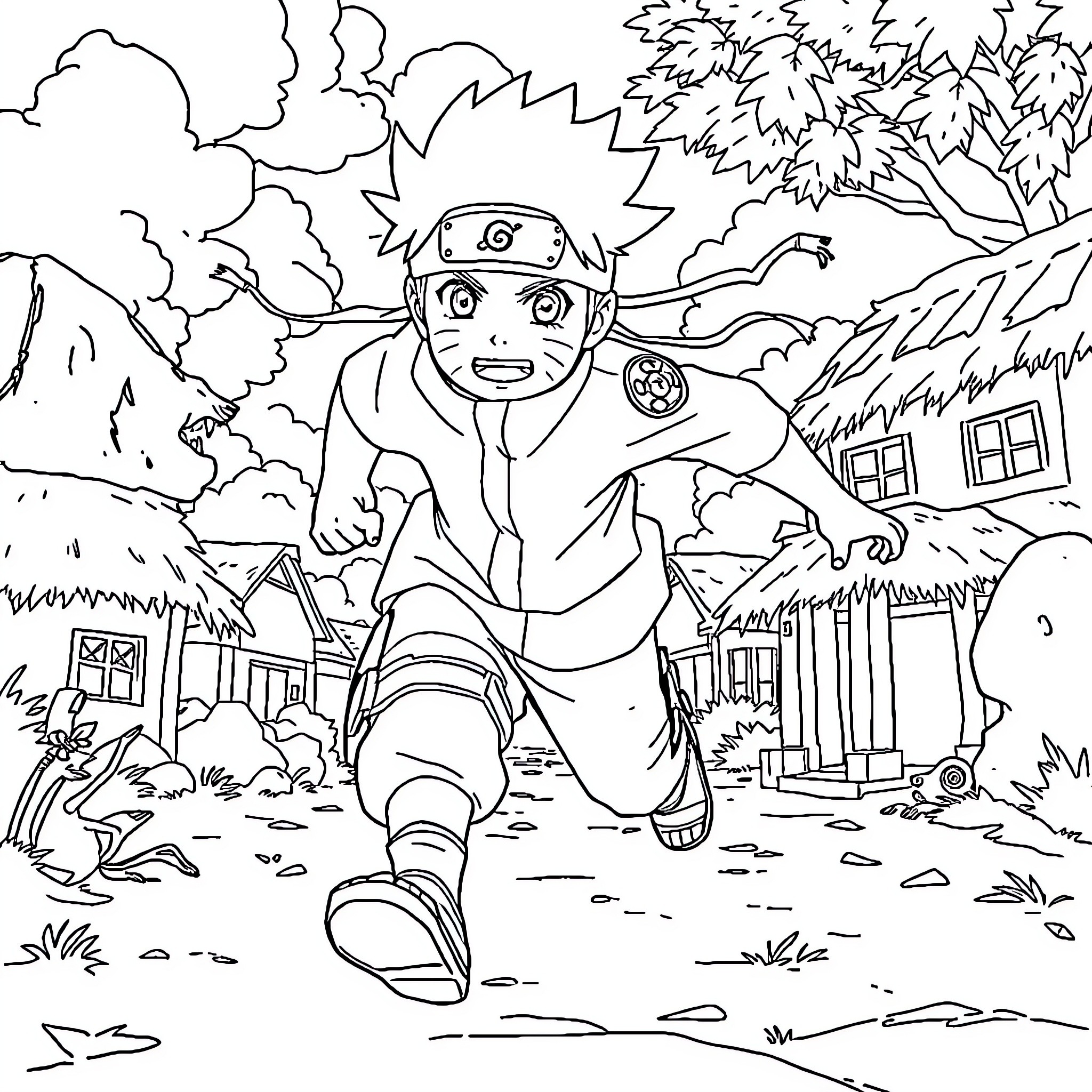 Naruto rushing through the village landscape Coloring Page (free black-and-white line drawing printable PDF for all, from beginners to advanced learners, including children, teens, adults, and seniors)