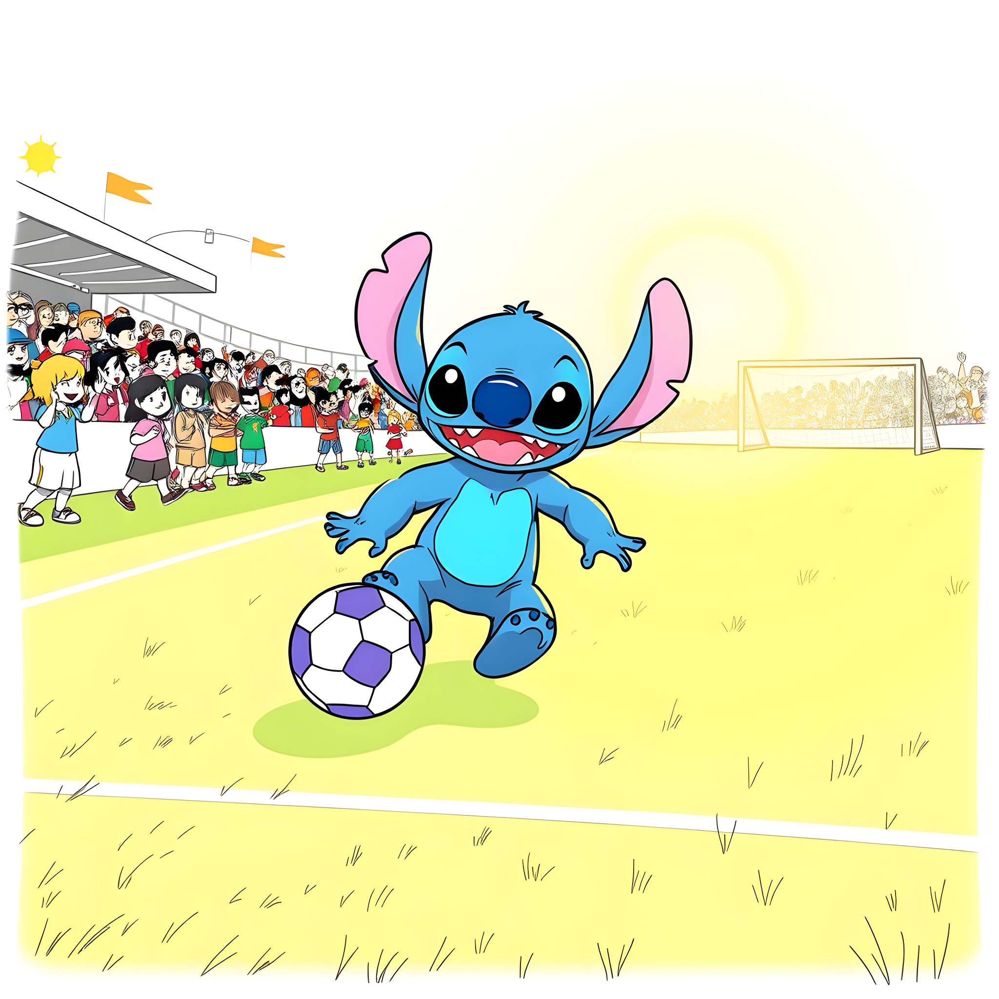 Stitch playing soccer on the field Coloring Page (free black-and-white line drawing printable PDF for all, from beginners to advanced learners, including children, teens, adults, and seniors)