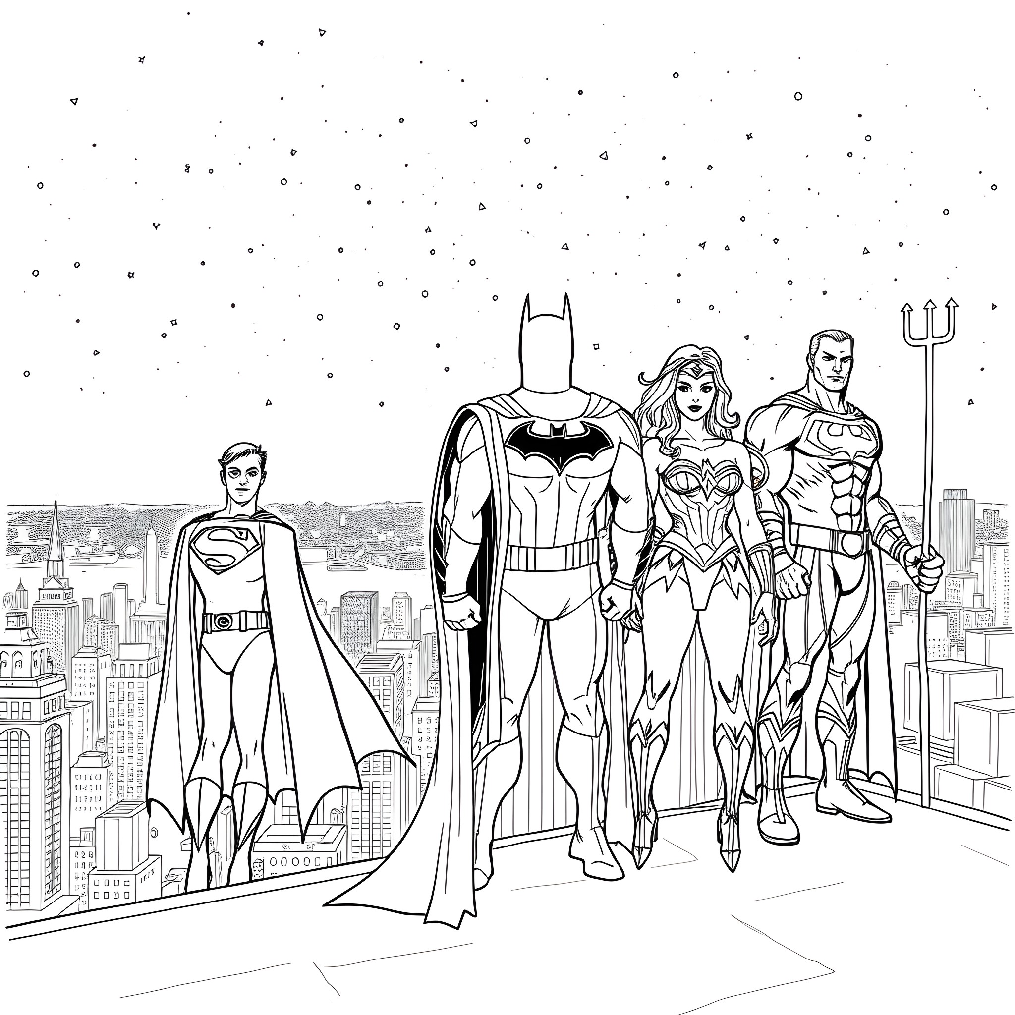 Justice League Heroes Assembling Over the City Coloring Page (free black-and-white line drawing printable PDF for all, from beginners to advanced learners, including children, teens, adults, and seniors)