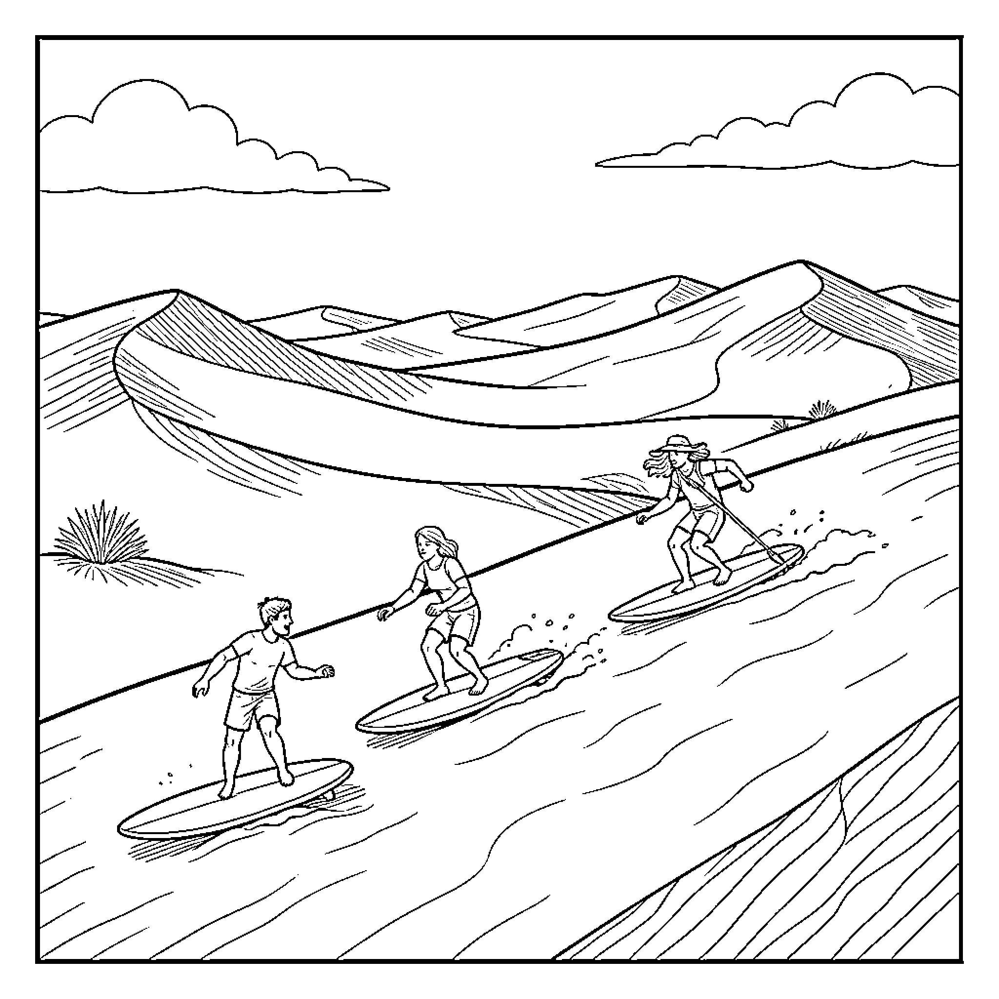 Surfing on sand dunes in a desert landscape Coloring Page (free black-and-white line drawing printable PDF for all, from beginners to advanced learners, including children, teens, adults, and seniors)