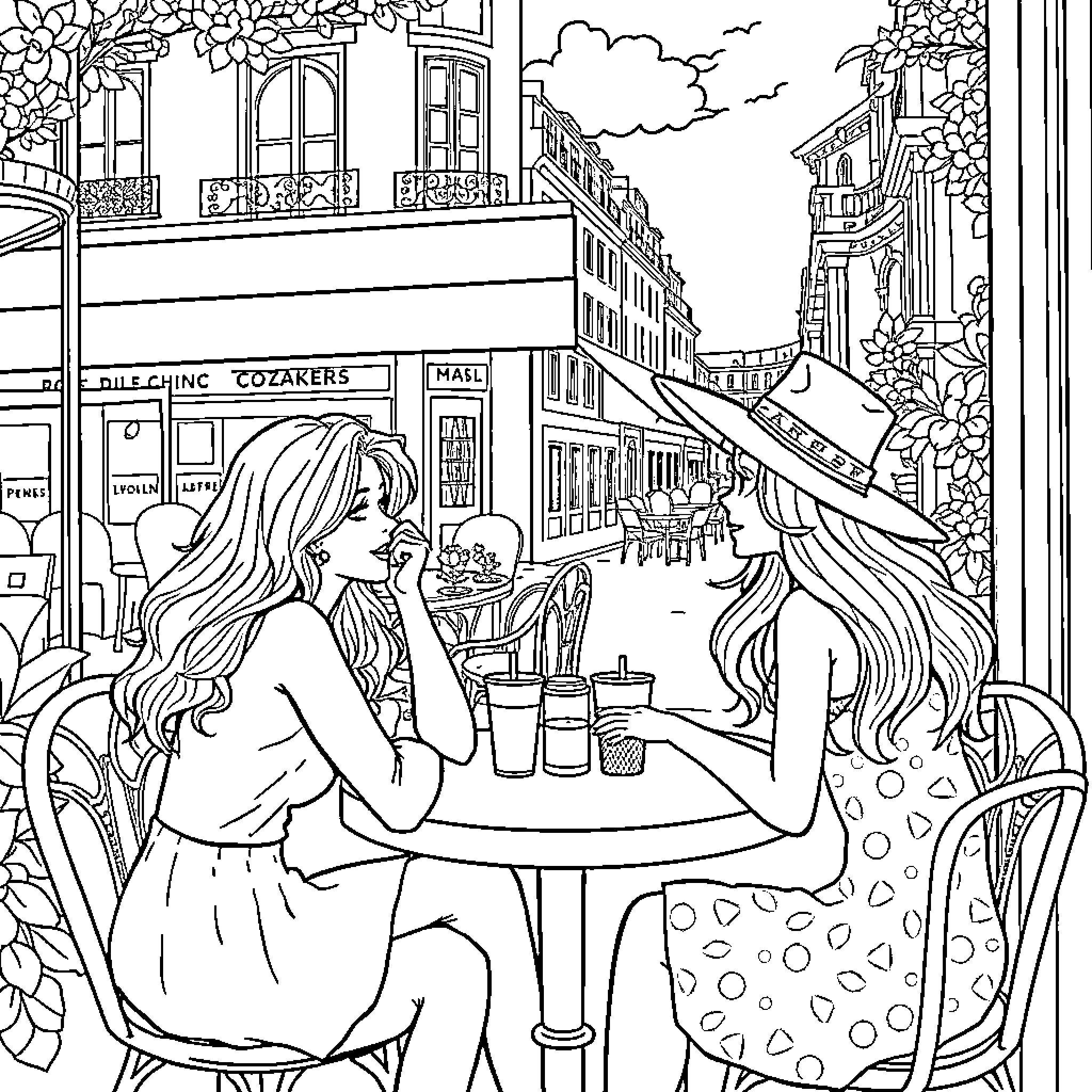 Girls enjoying coffee at an outdoor cafe Coloring Page (free black-and-white line drawing printable PDF for all, from beginners to advanced learners, including children, teens, adults, and seniors)