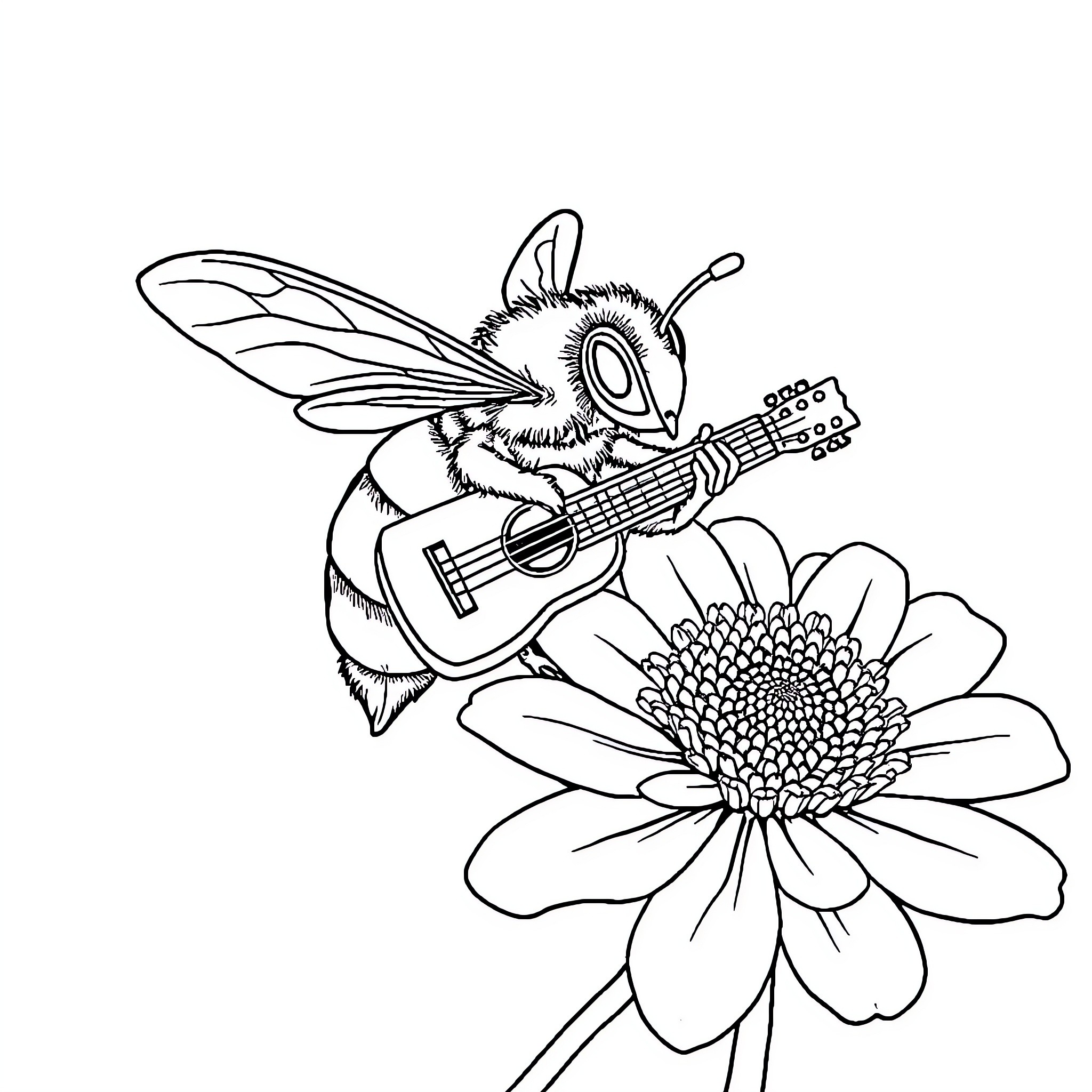 Honeybee playing guitar on a flower Coloring Page (free black-and-white line drawing printable PDF for all, from beginners to advanced learners, including children, teens, adults, and seniors)
