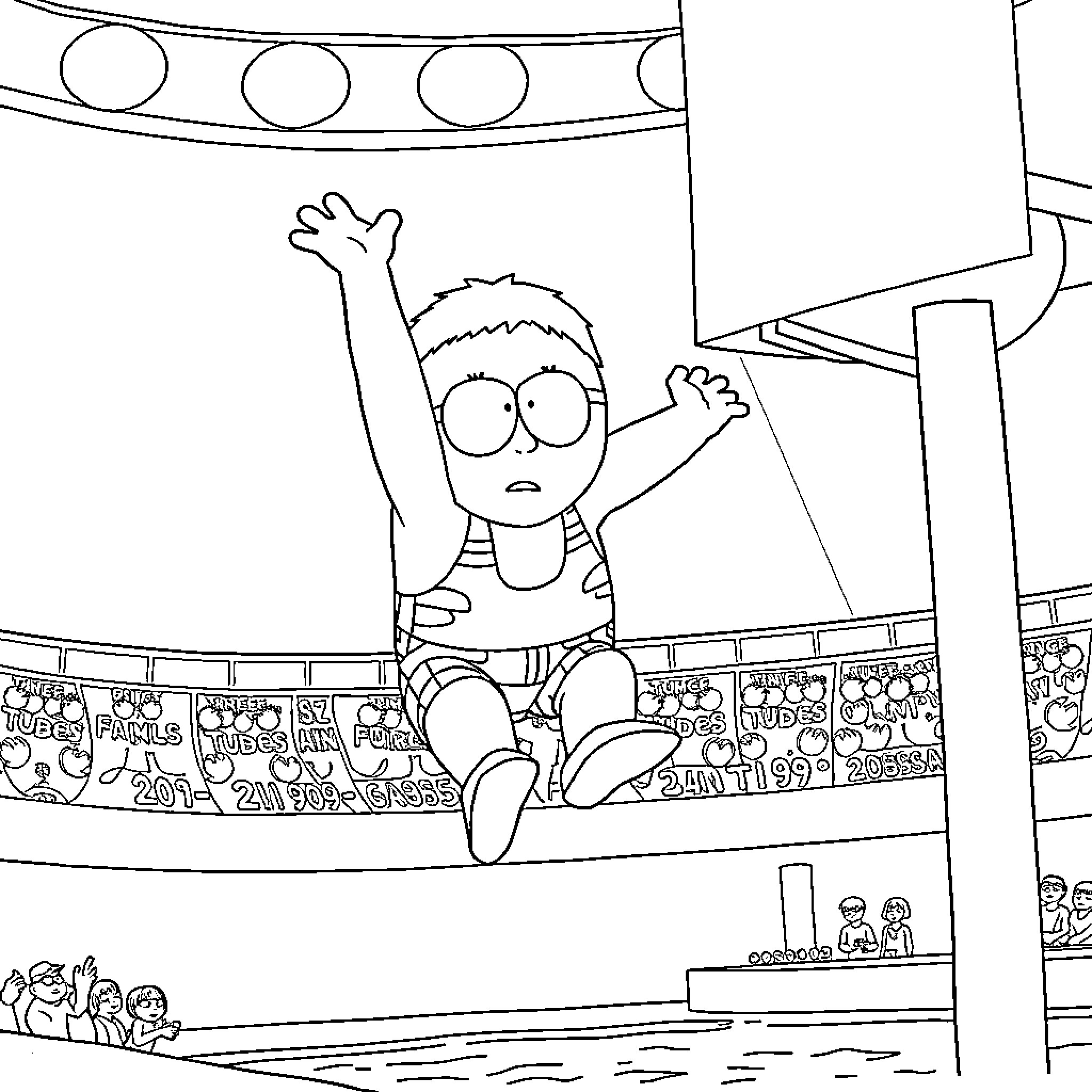 Eric Cartman performing onstage in a stadium Coloring Page (free black-and-white line drawing printable PDF for all, from beginners to advanced learners, including children, teens, adults, and seniors)