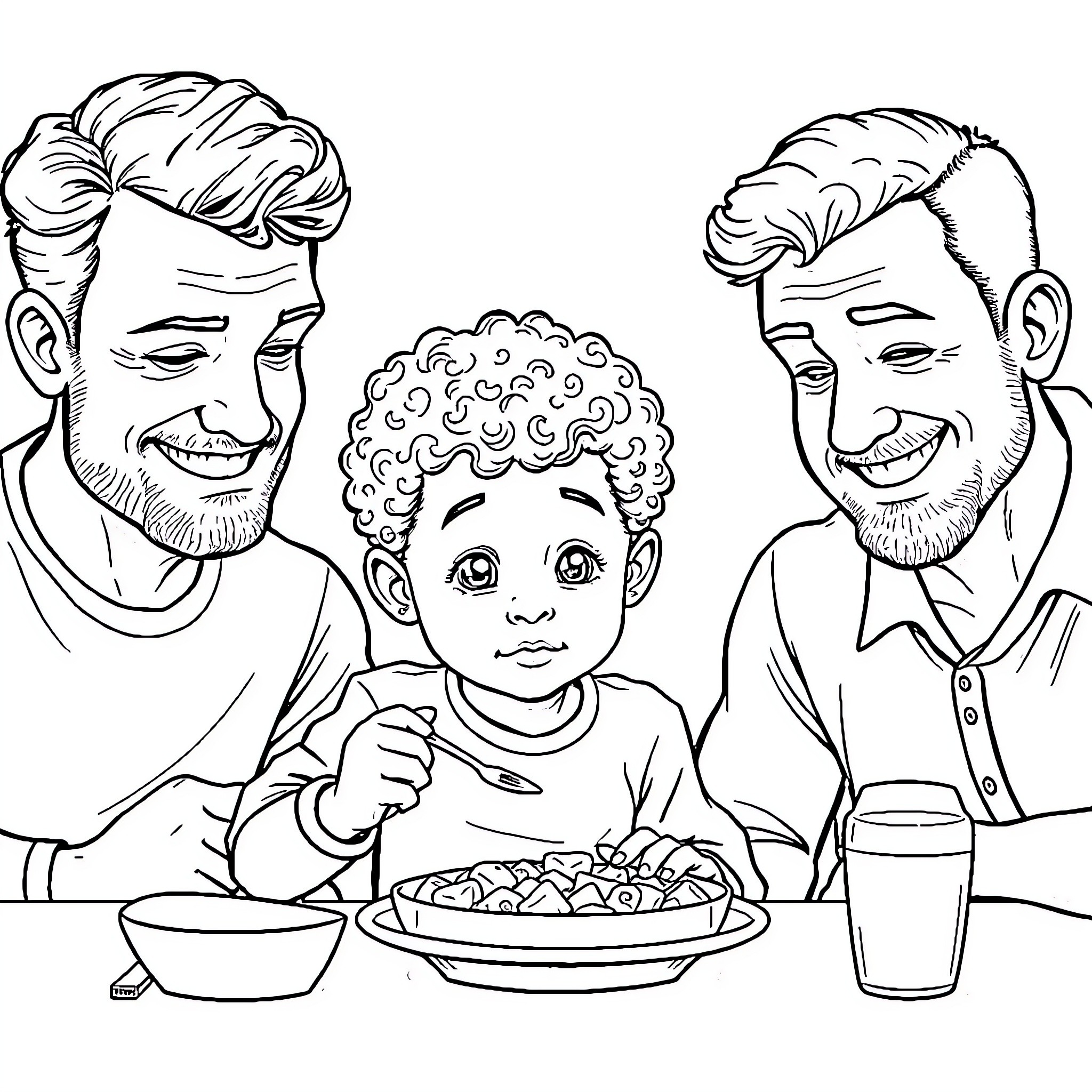 Kid enjoying meal with dads Coloring Page (free black-and-white line drawing printable PDF for all, from beginners to advanced learners, including children, teens, adults, and seniors)