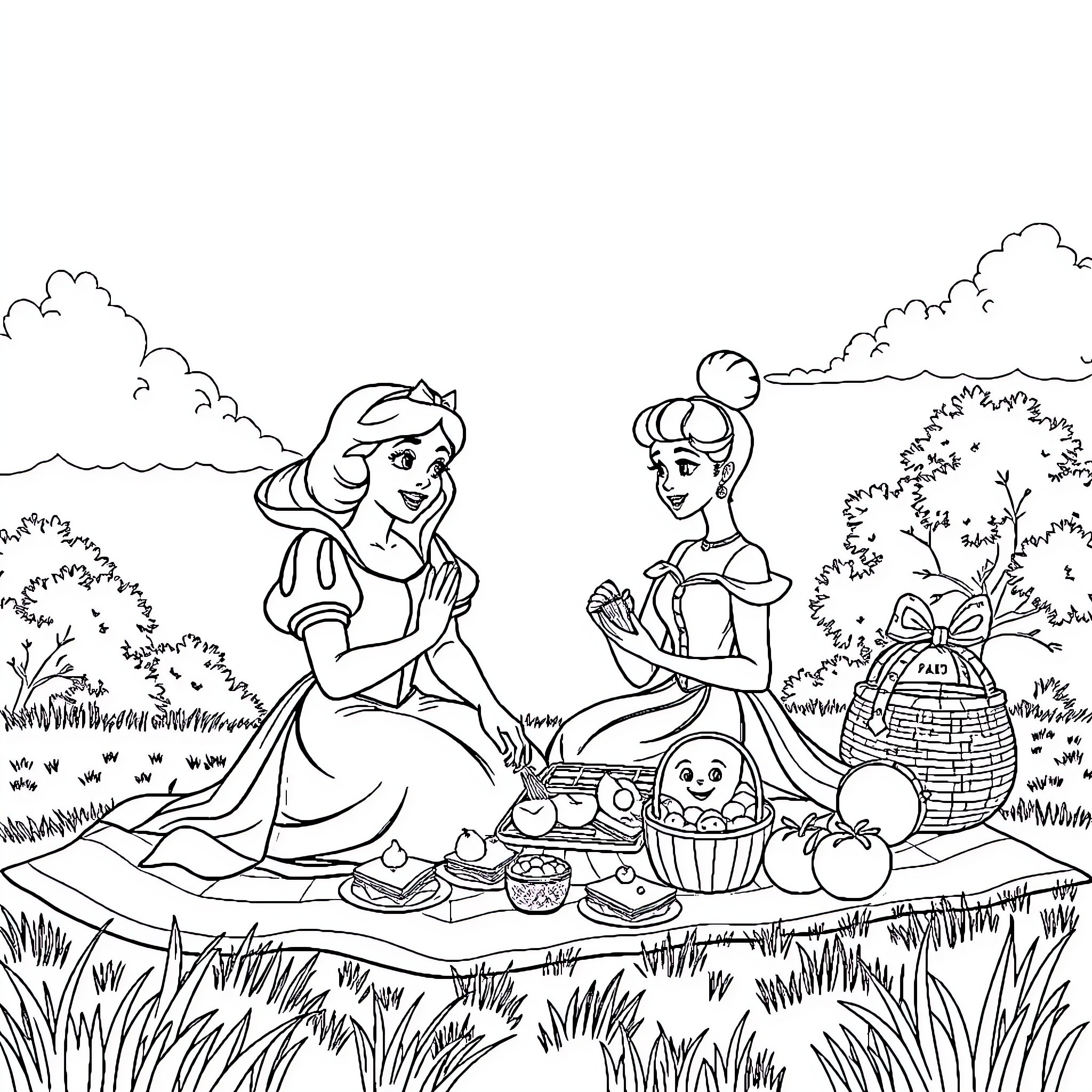 Snow White Enjoying a Picnic with Friends Coloring Page (free black-and-white line drawing printable PDF for all, from beginners to advanced learners, including children, teens, adults, and seniors)