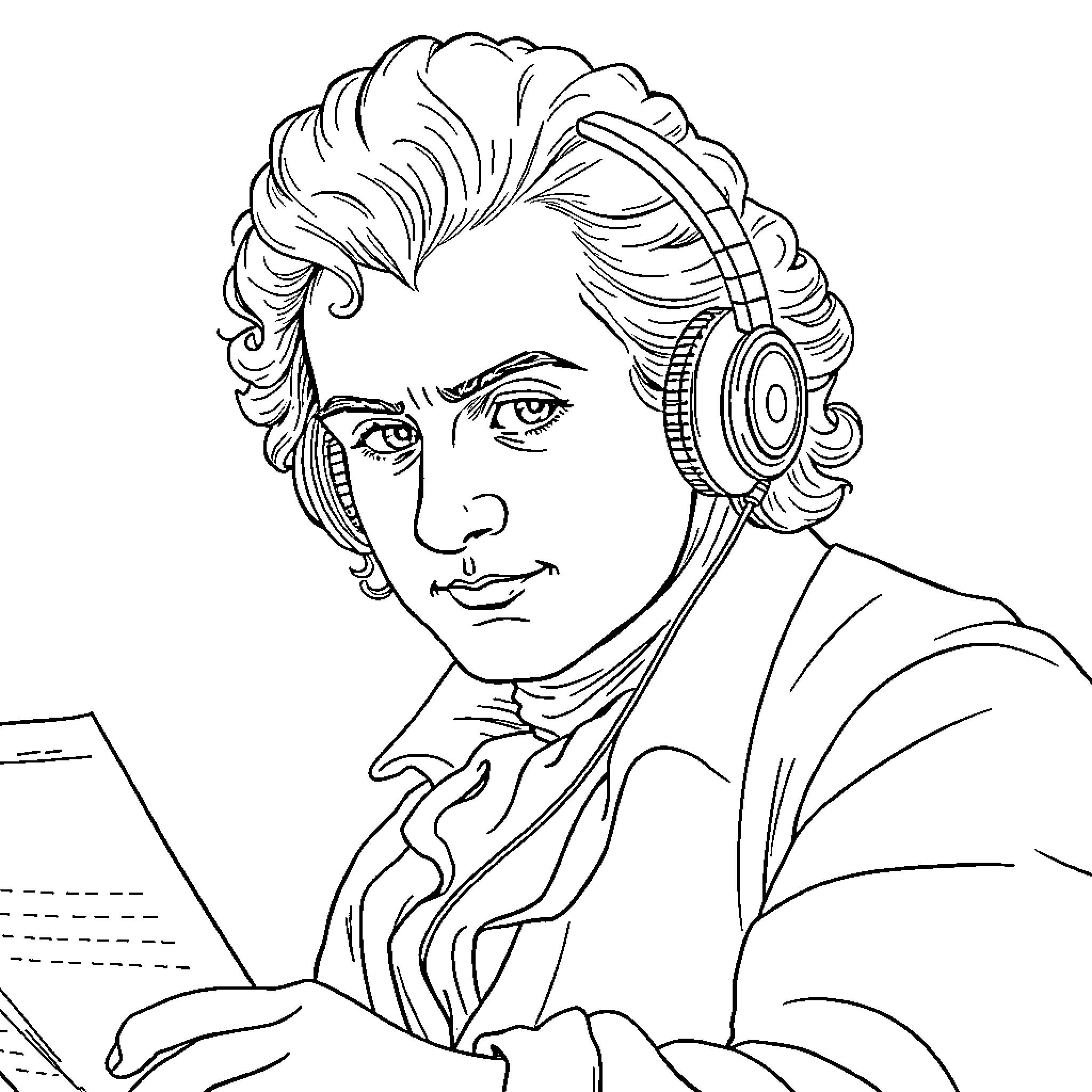 Mozart composing music with headphones Coloring Page (free black-and-white line drawing printable PDF for all, from beginners to advanced learners, including children, teens, adults, and seniors)