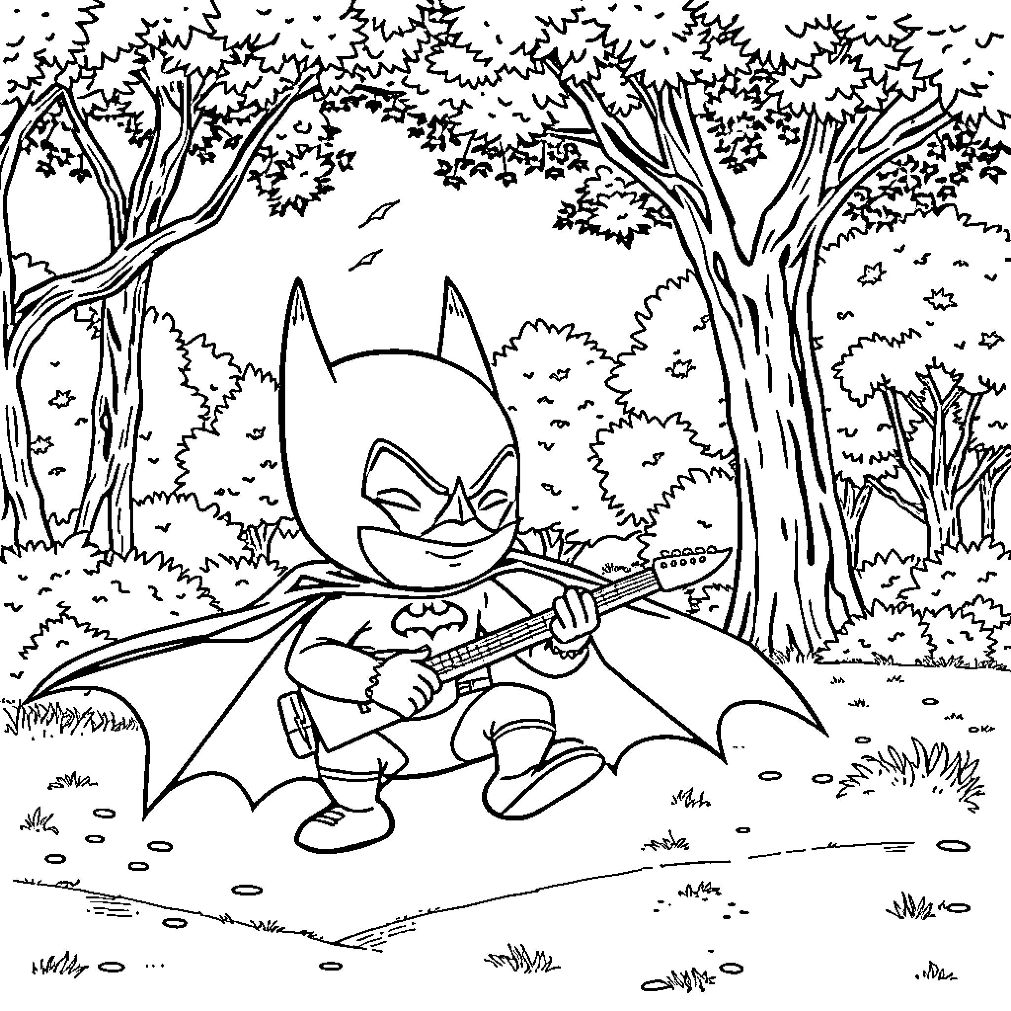 Labubu playing guitar in the forest Coloring Page (free black-and-white line drawing printable PDF for all, from beginners to advanced learners, including children, teens, adults, and seniors)