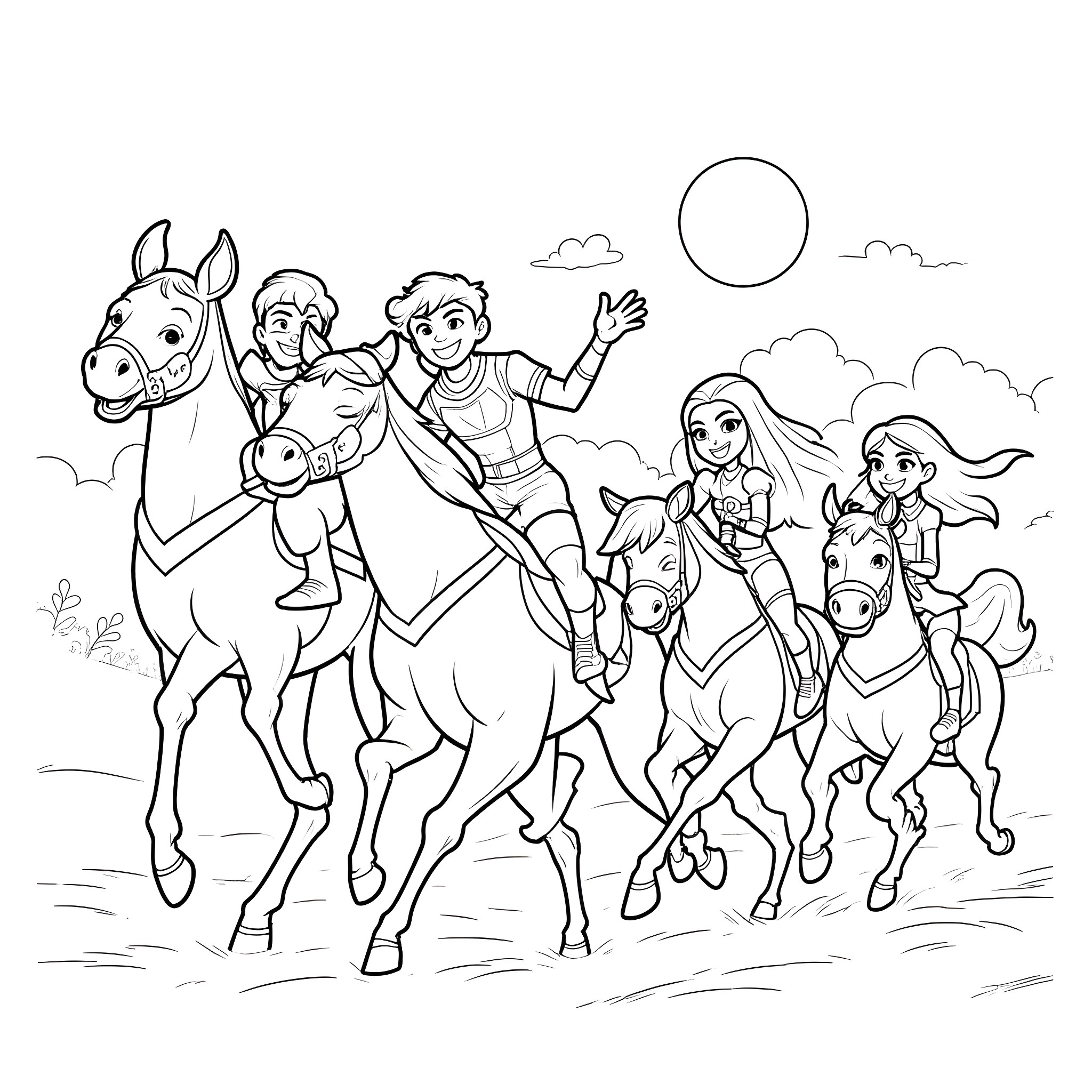 Horse Riders Enjoying an Outdoor Adventure Coloring Page (free black-and-white line drawing printable PDF for all, from beginners to advanced learners, including children, teens, adults, and seniors)
