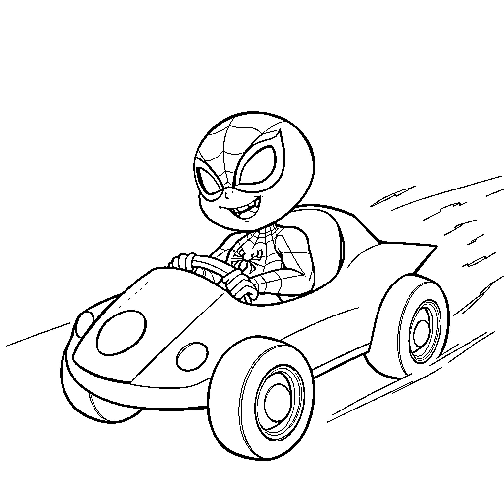 Baby Spiderman racing in a tiny car Coloring Page (free black-and-white line drawing printable PDF for all, from beginners to advanced learners, including children, teens, adults, and seniors)