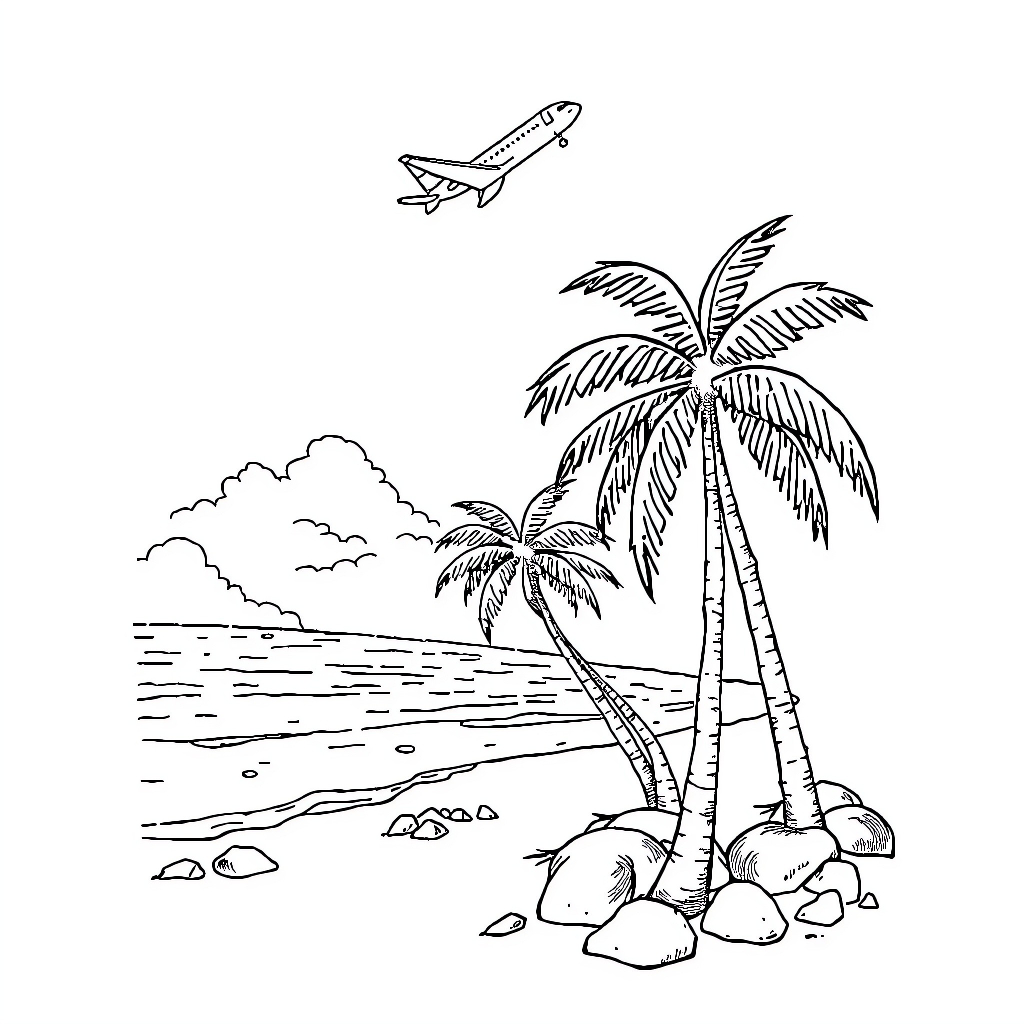 Beach scene with palm trees and airplane Coloring Page (free black-and-white line drawing printable PDF for all, from beginners to advanced learners, including children, teens, adults, and seniors)