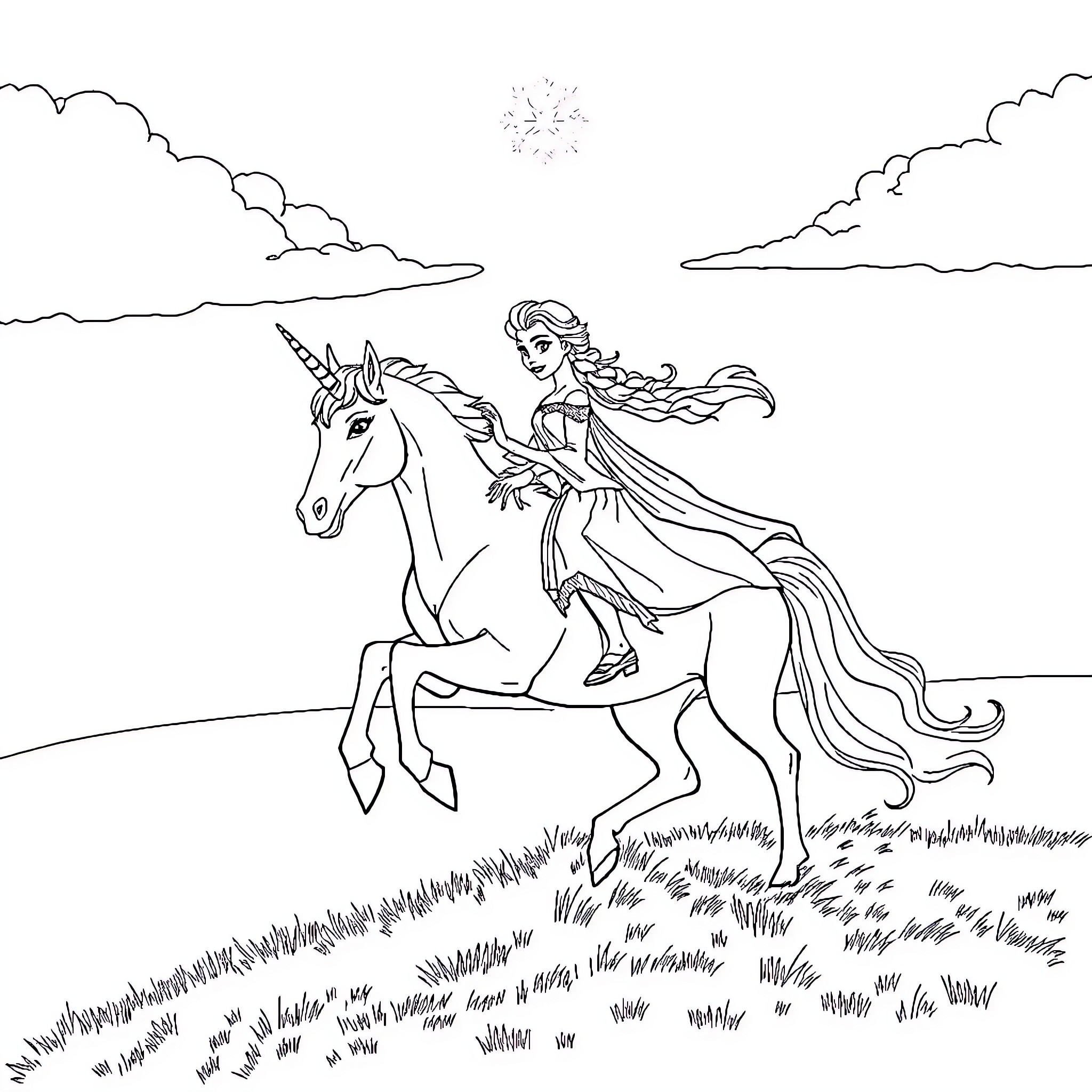 Elsa riding a majestic unicorn through a dreamy landscape Coloring Page (free black-and-white line drawing printable PDF for all, from beginners to advanced learners, including children, teens, adults, and seniors)