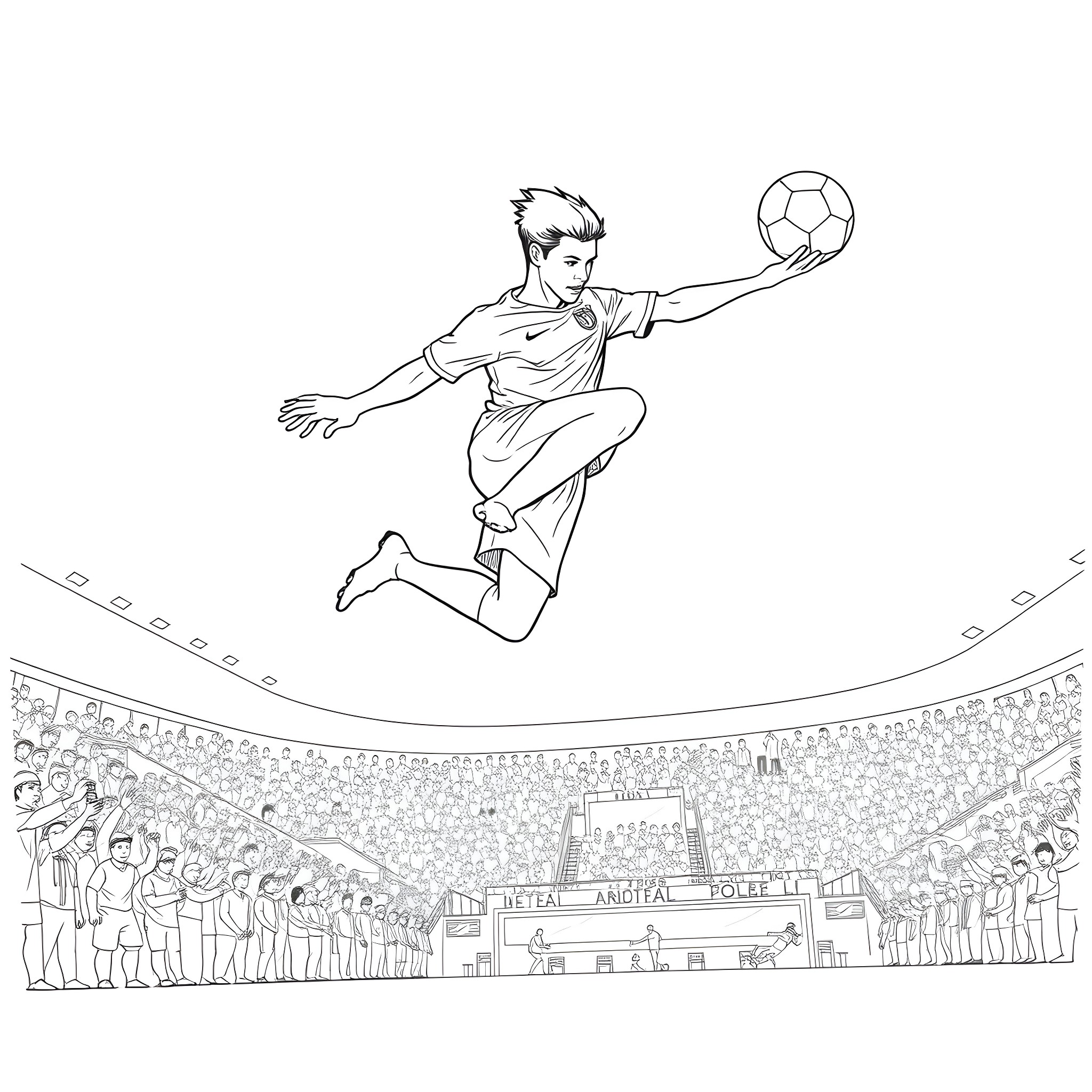 Soccer Player Leaping for the Ball in a Stadium Coloring Page (free black-and-white line drawing printable PDF for all, from beginners to advanced learners, including children, teens, adults, and seniors)