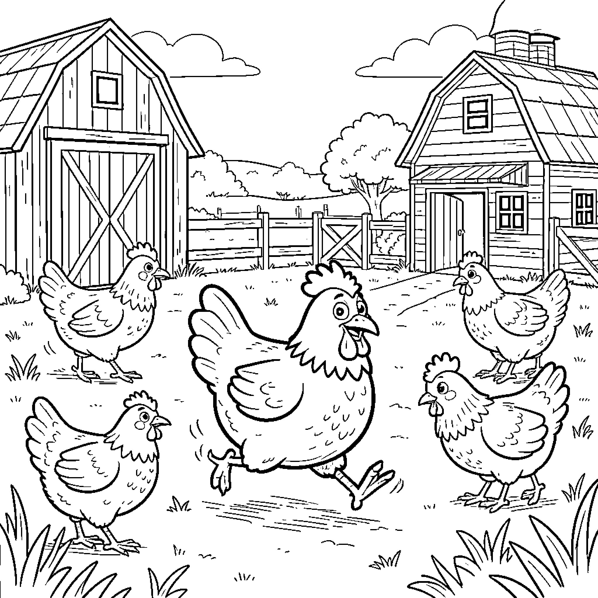 Chicken running happily among its friends in a farm Coloring Page (free black-and-white line drawing printable PDF for all, from beginners to advanced learners, including children, teens, adults, and seniors)