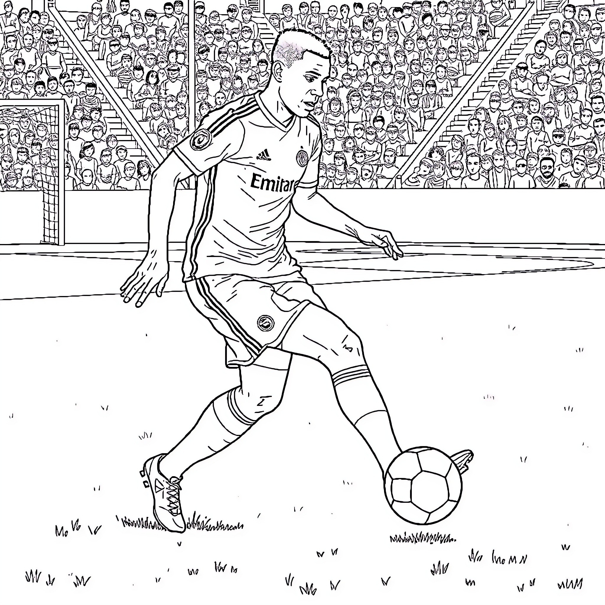 Mbappe's Dynamic Soccer Match in the Stadium Coloring Page (free black-and-white line drawing printable PDF for all, from beginners to advanced learners, including children, teens, adults, and seniors)