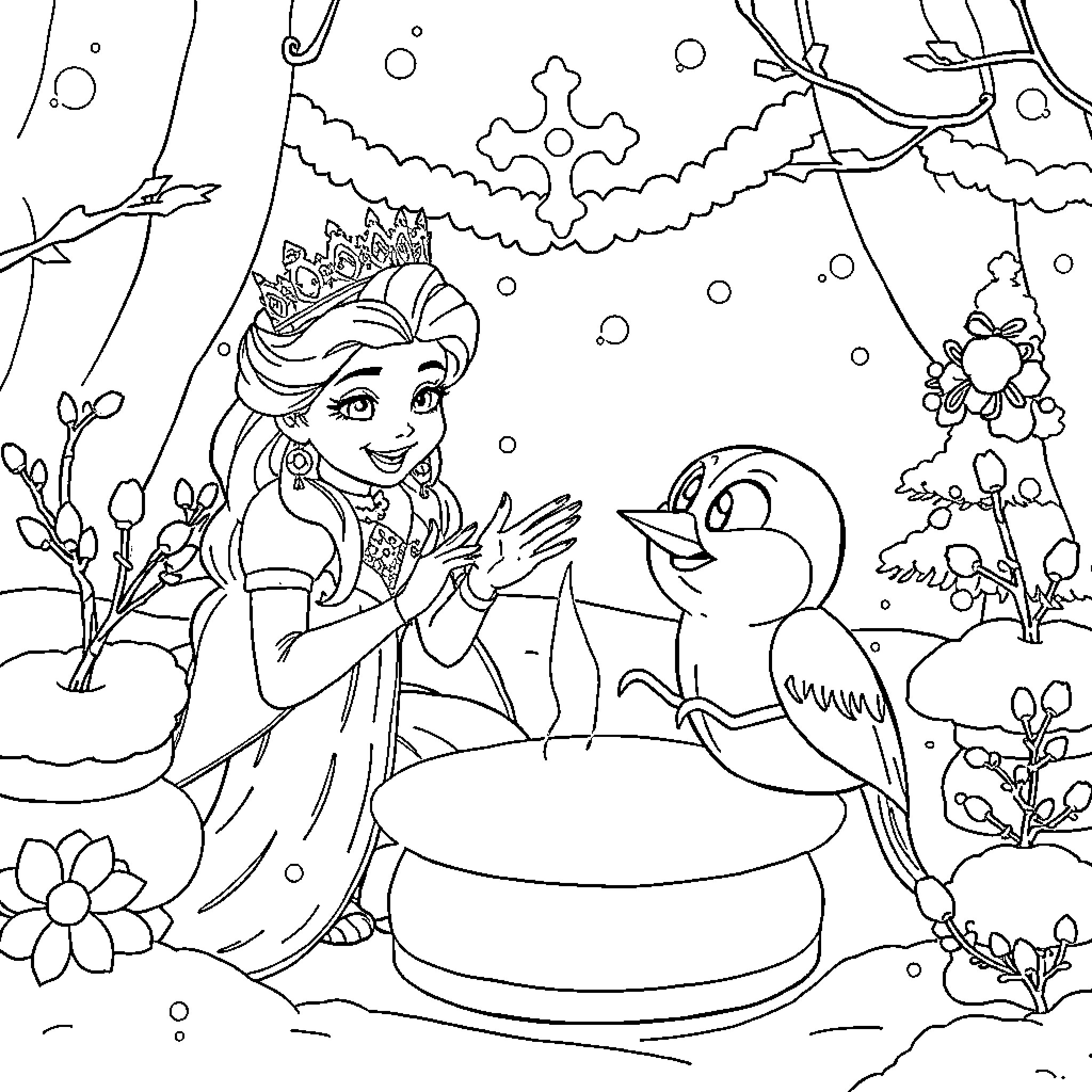 Reine des Neiges: Princess and her animal friend in winter wonderland Coloring Page (free black-and-white line drawing printable PDF for all, from beginners to advanced learners, including children, teens, adults, and seniors)