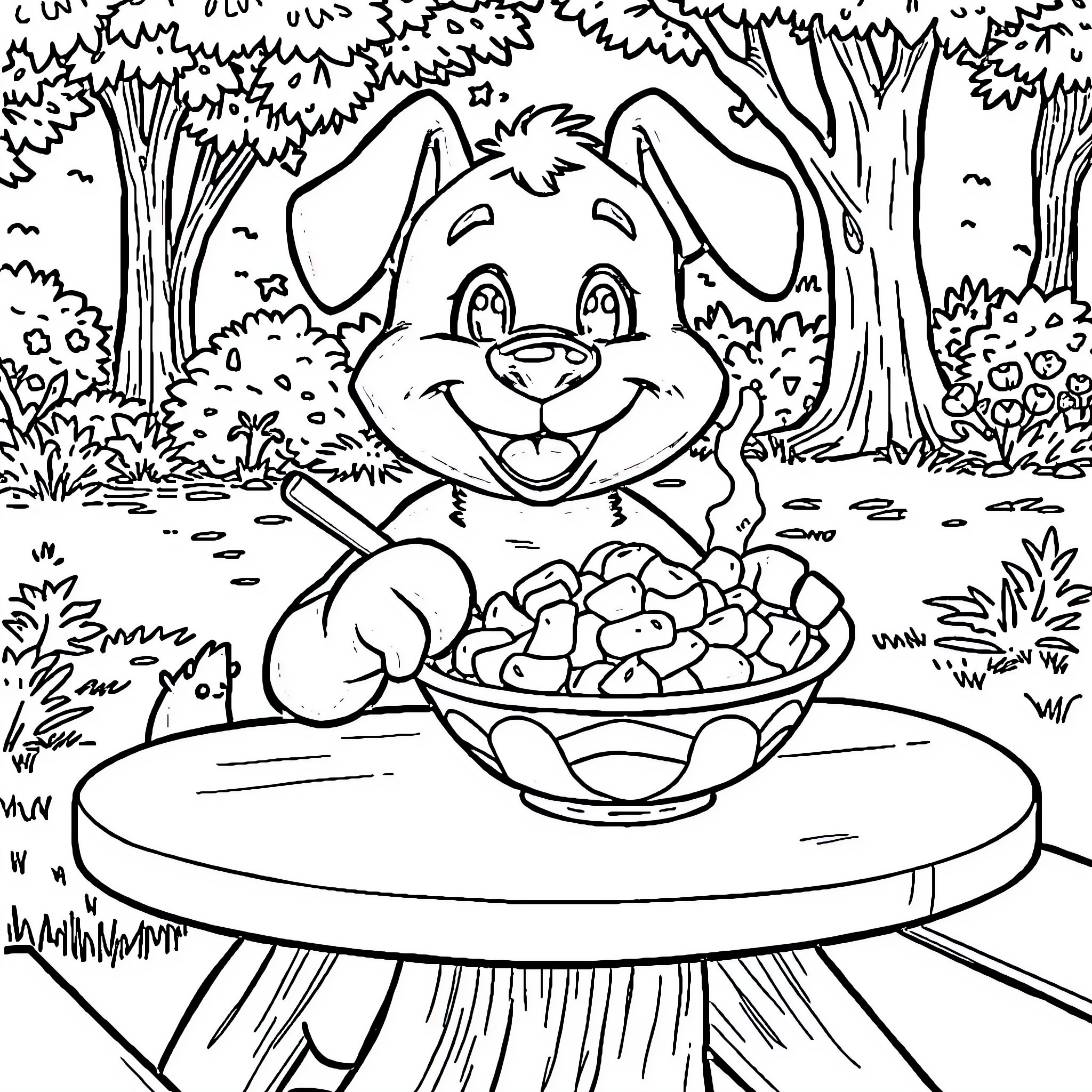 Bluey enjoys a snack in the forest Coloring Page (free black-and-white line drawing printable PDF for all, from beginners to advanced learners, including children, teens, adults, and seniors)