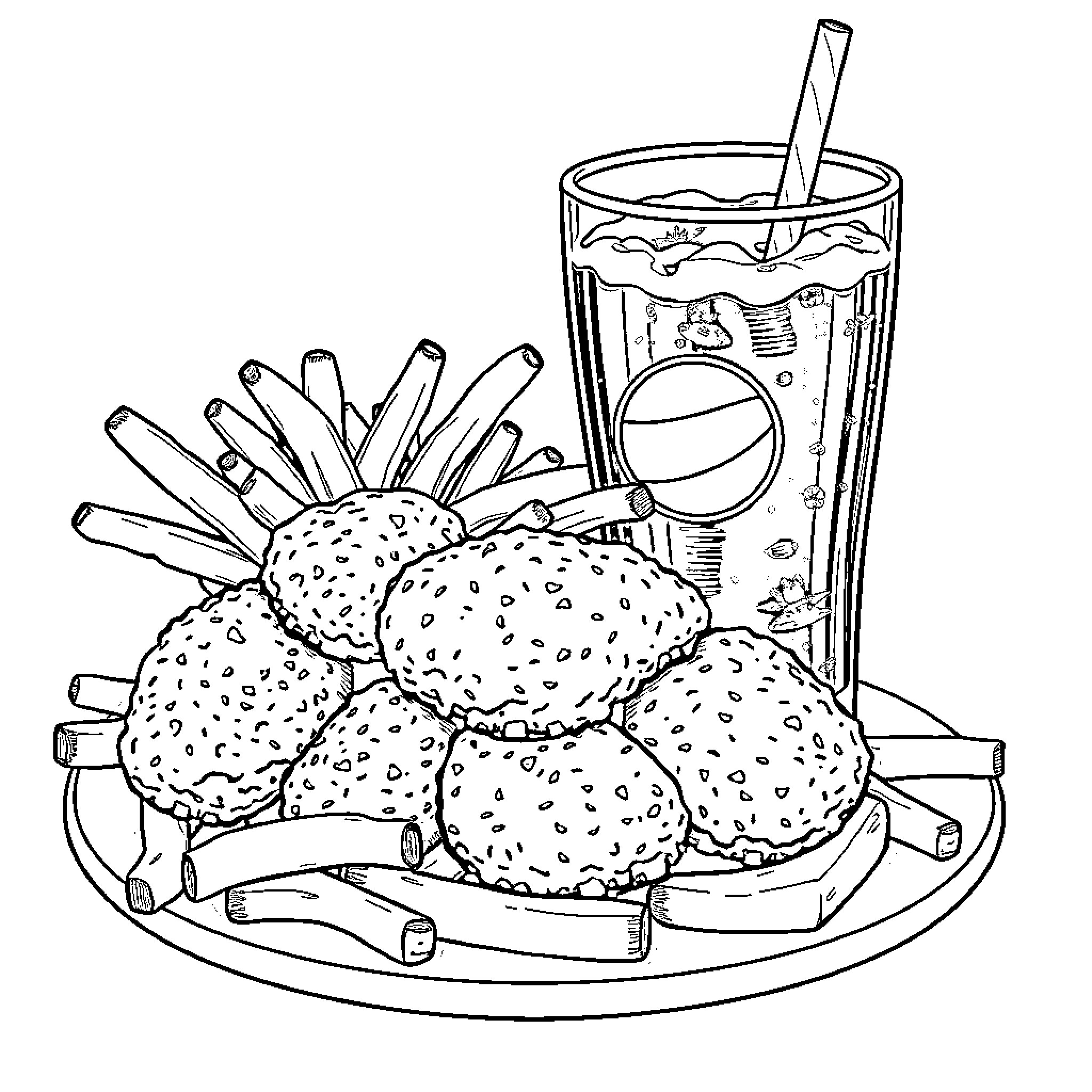 Chicken Nuggets and Beverage Illustration Coloring Page (free black-and-white line drawing printable PDF for all, from beginners to advanced learners, including children, teens, adults, and seniors)